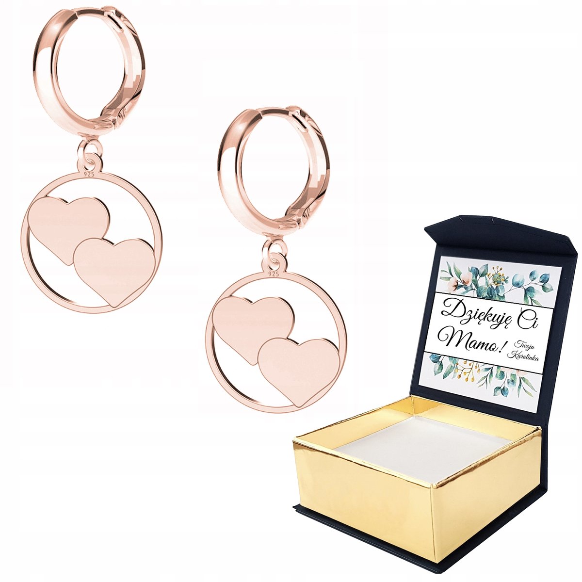 Kolczyki różowe złoto Serca Serce + WŁASNY NADRUK