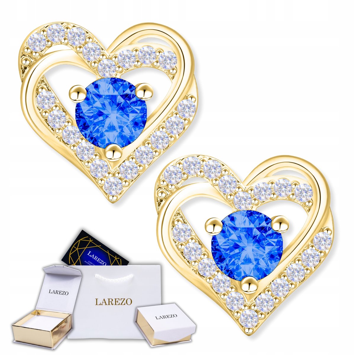 Złote Kolczyki Lśniące Serca POZŁACANE 585 Niebieskie Cyrkonie SREBRO 925