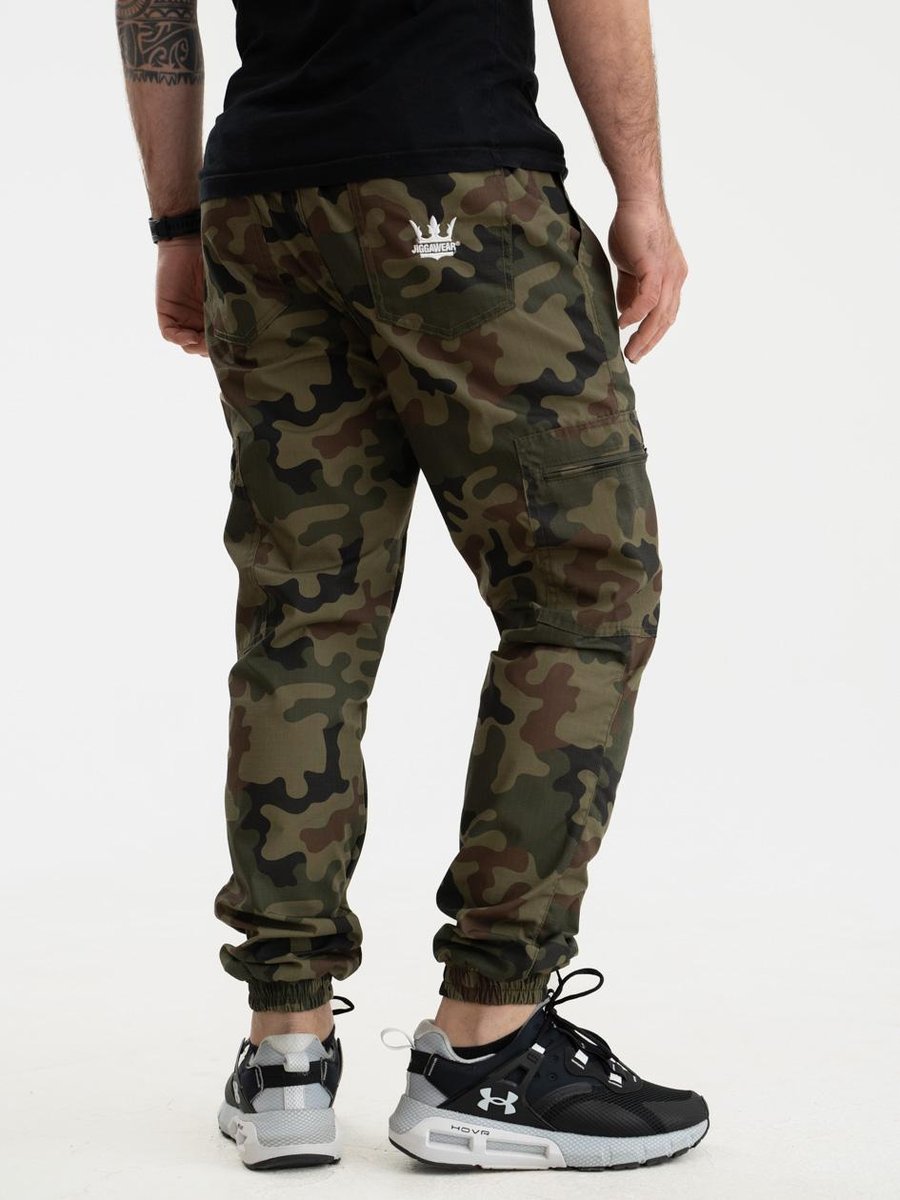 Spodnie Materiałowe Jogger Bojówki Ze Ściągaczem Zielone Camo Jigga Wear Crown Ripstop Cargo Woodland L