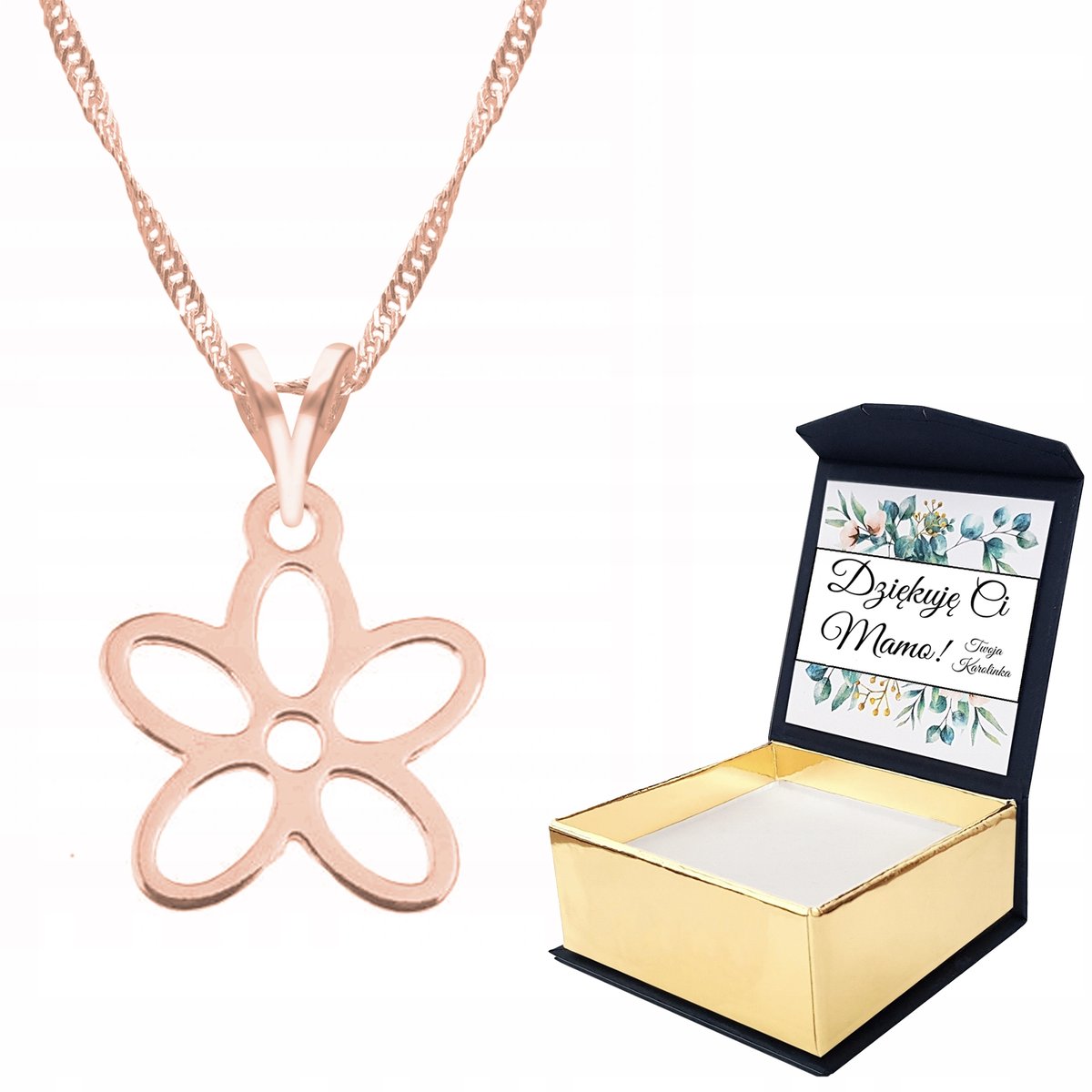 Naszyjnik różowe złoto 925 Kwiat + WŁASNY NADRUK