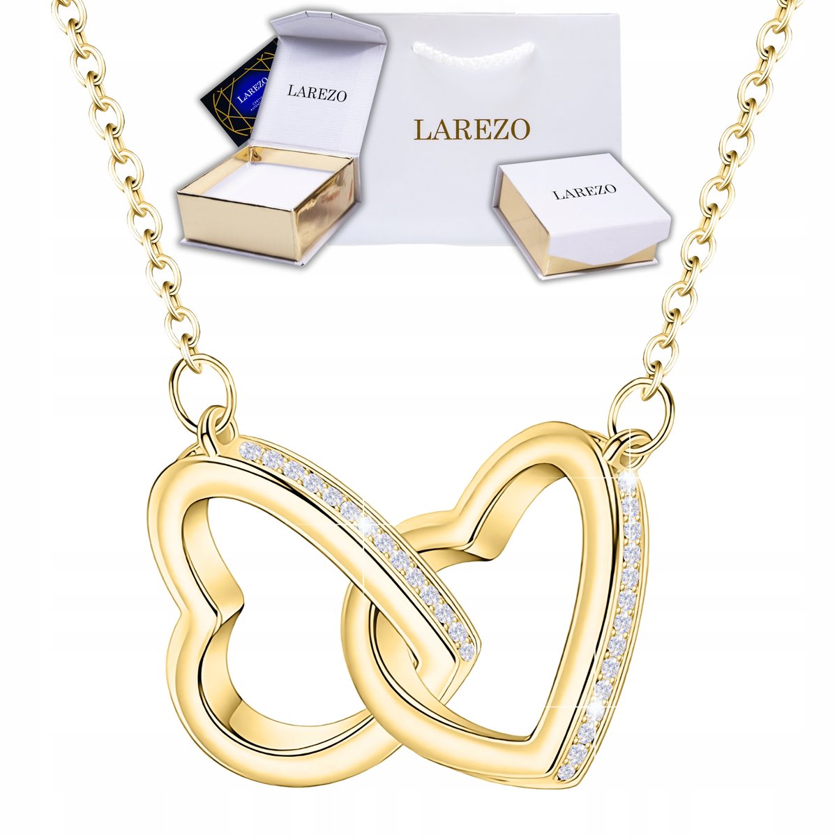 Złoty Naszyjnik z Sercem POZŁACANY 585 Dwa Serca z Cyrkoniami SREBRO 925