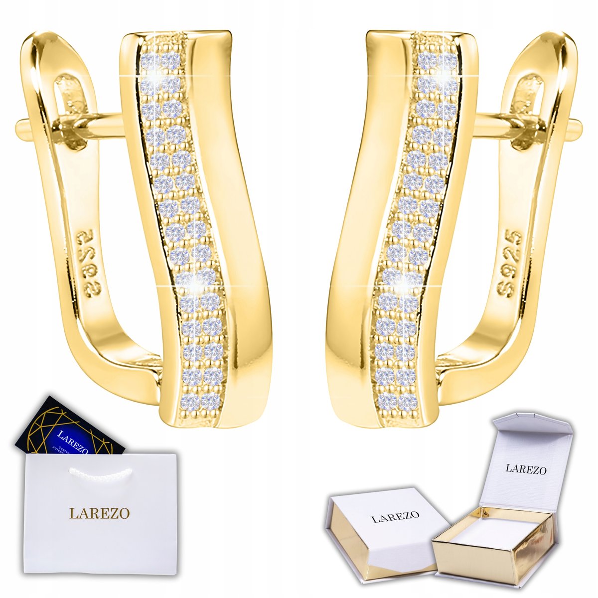 Złote Kolczyki Prostokąty na Klips SREBRO 925 Klipsy Cyrkonie POZŁACANE 585