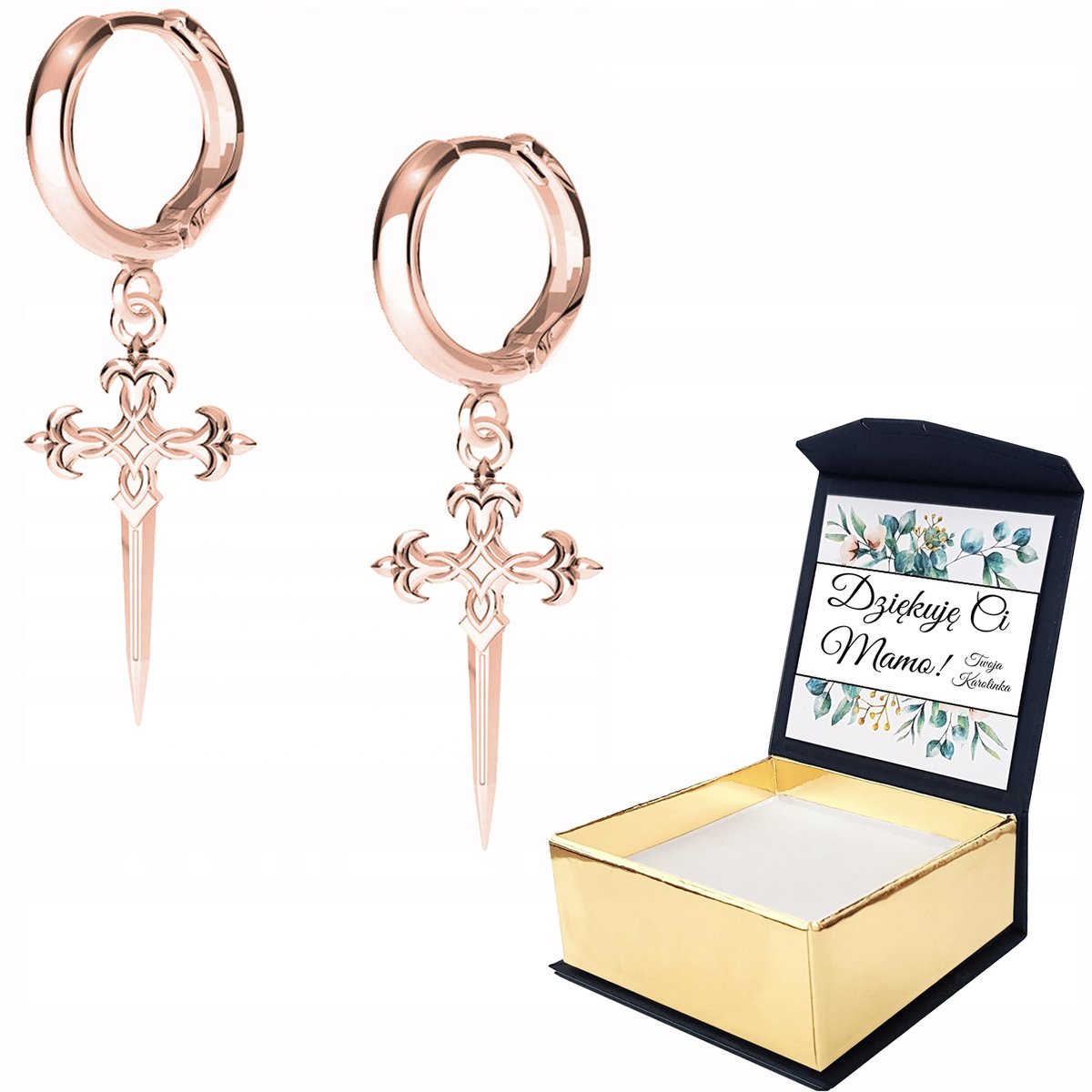 Kolczyki różowe złoto Krzyż Miecz + WŁASNY NADRUK