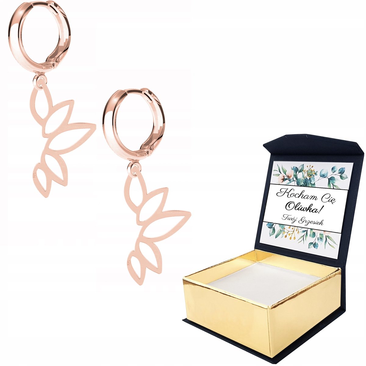 Kolczyki różowe złoto Ażurowy Liść + WŁASNY NADRUK