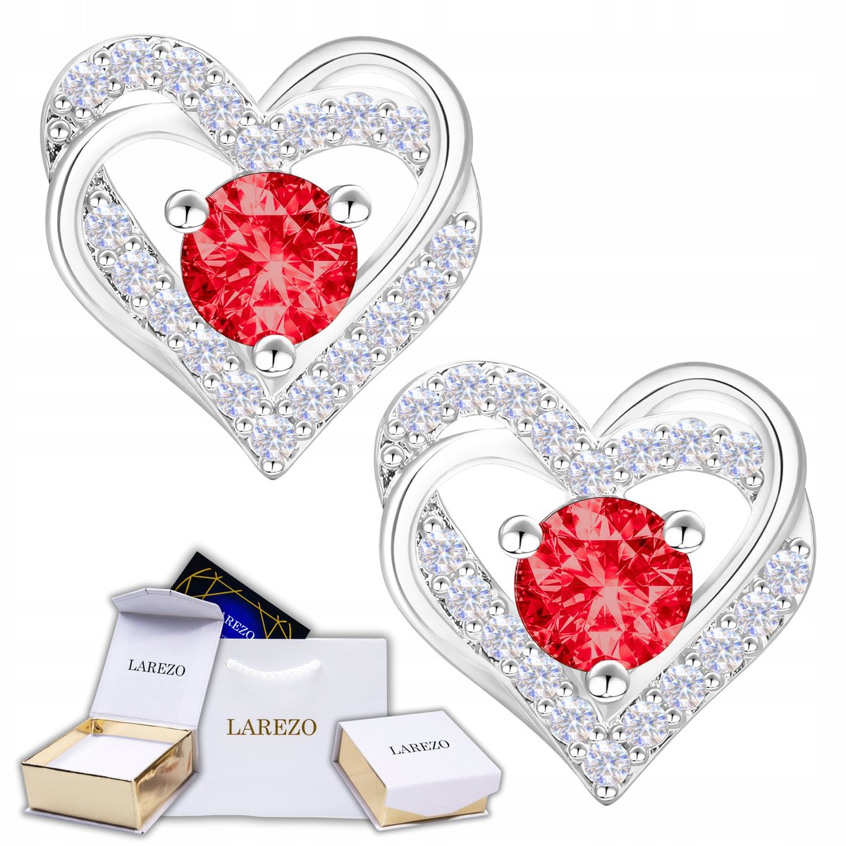 Kolczyki Srebrne Lśniące Serca z Cyrkoniami Czerwone Kryształy SREBRO 925