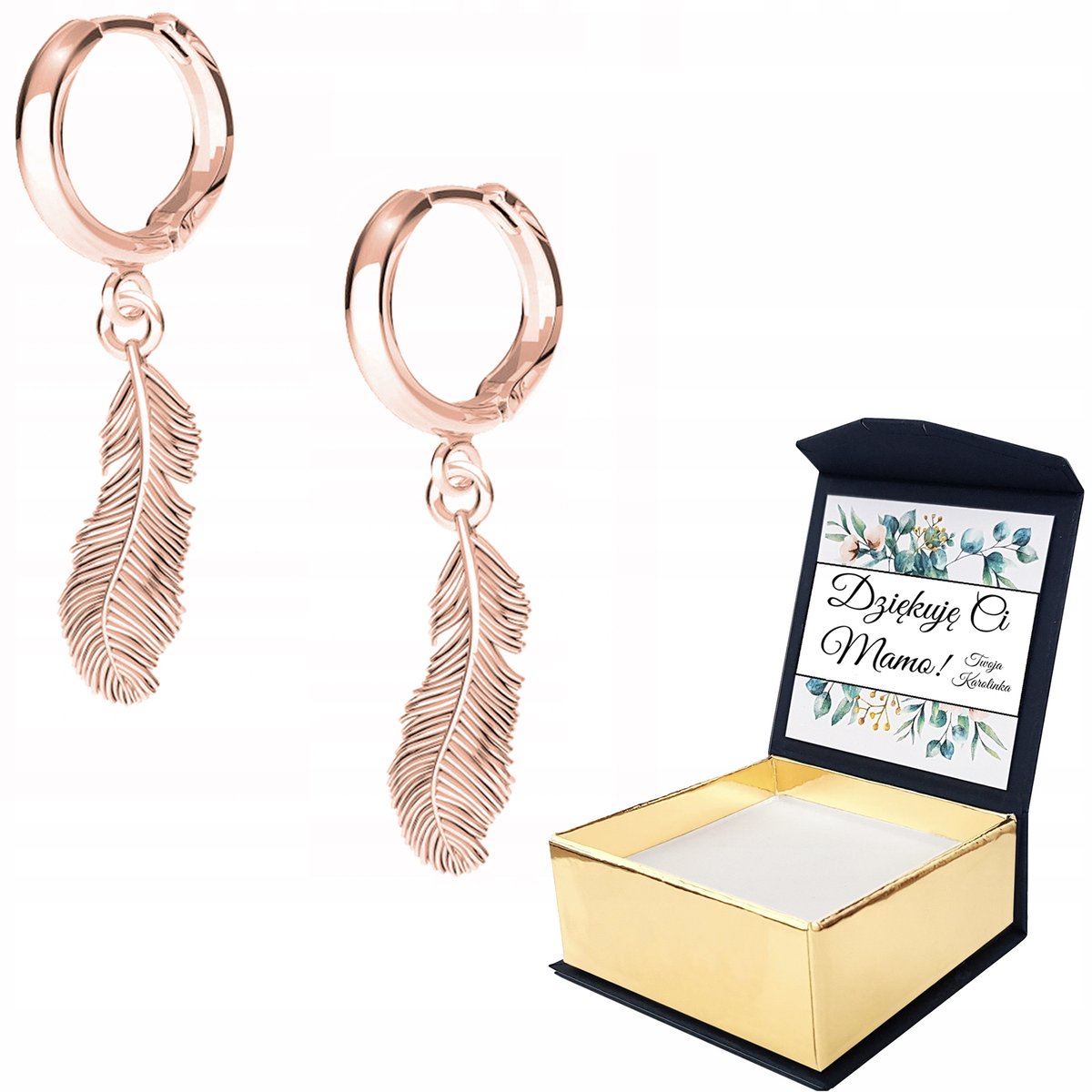 Kolczyki różowe złoto Piórko Pióro + WŁASNY NADRUK