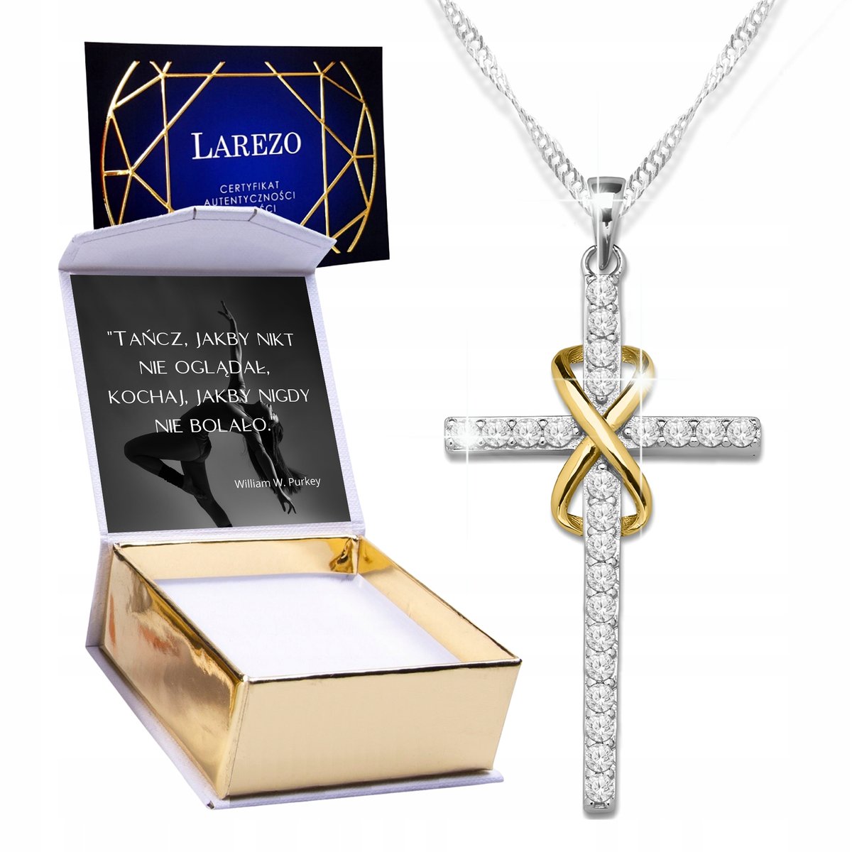 Srebrny Naszyjnik Krzyż Krzyżyk z Krzyżem Cyrkoniami Nieskończoność NADRUK