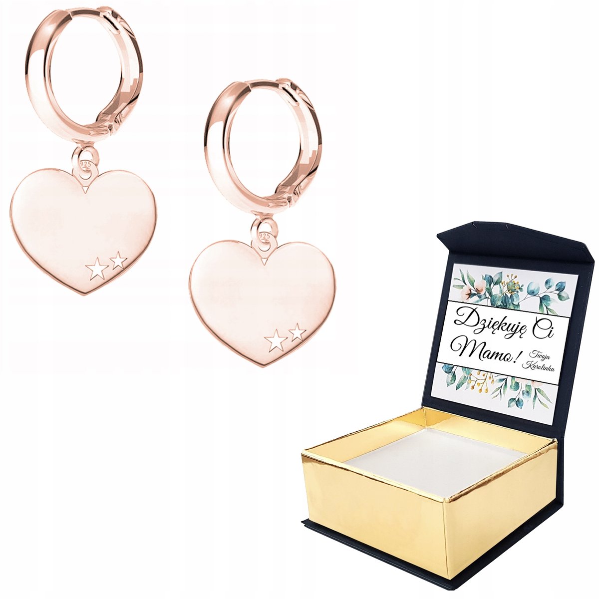 Kolczyki różowe złoto 925 Serce + WŁASNY NADRUK