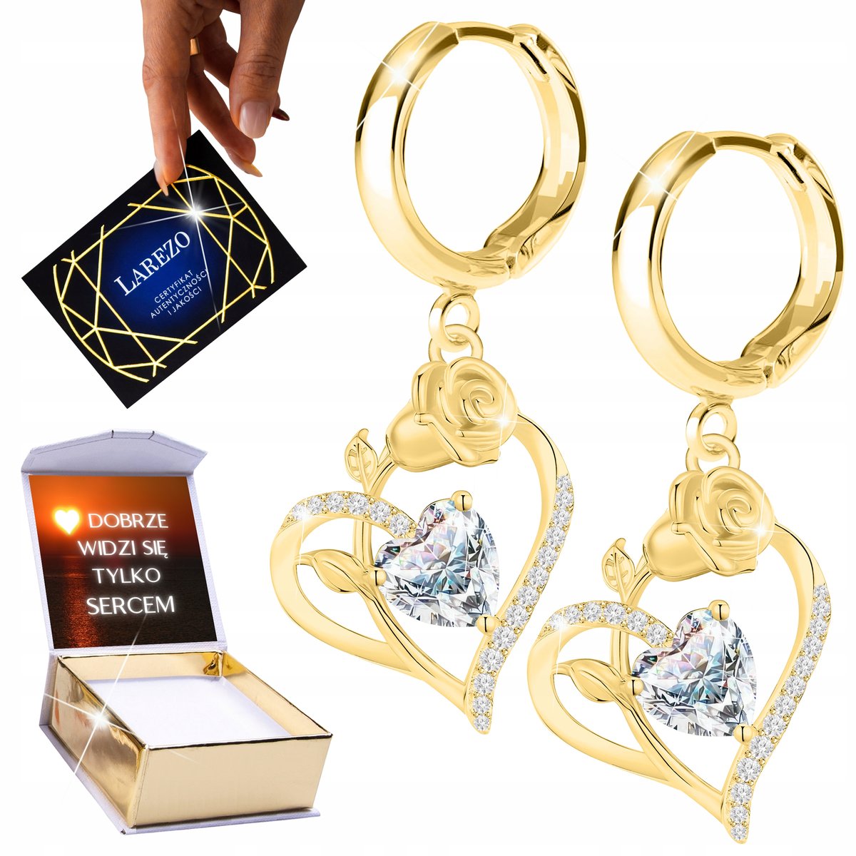 Złote Kolczyki 925 Białe Kryształowe Serca Róże Serduszko z Różą 24K NADRUK