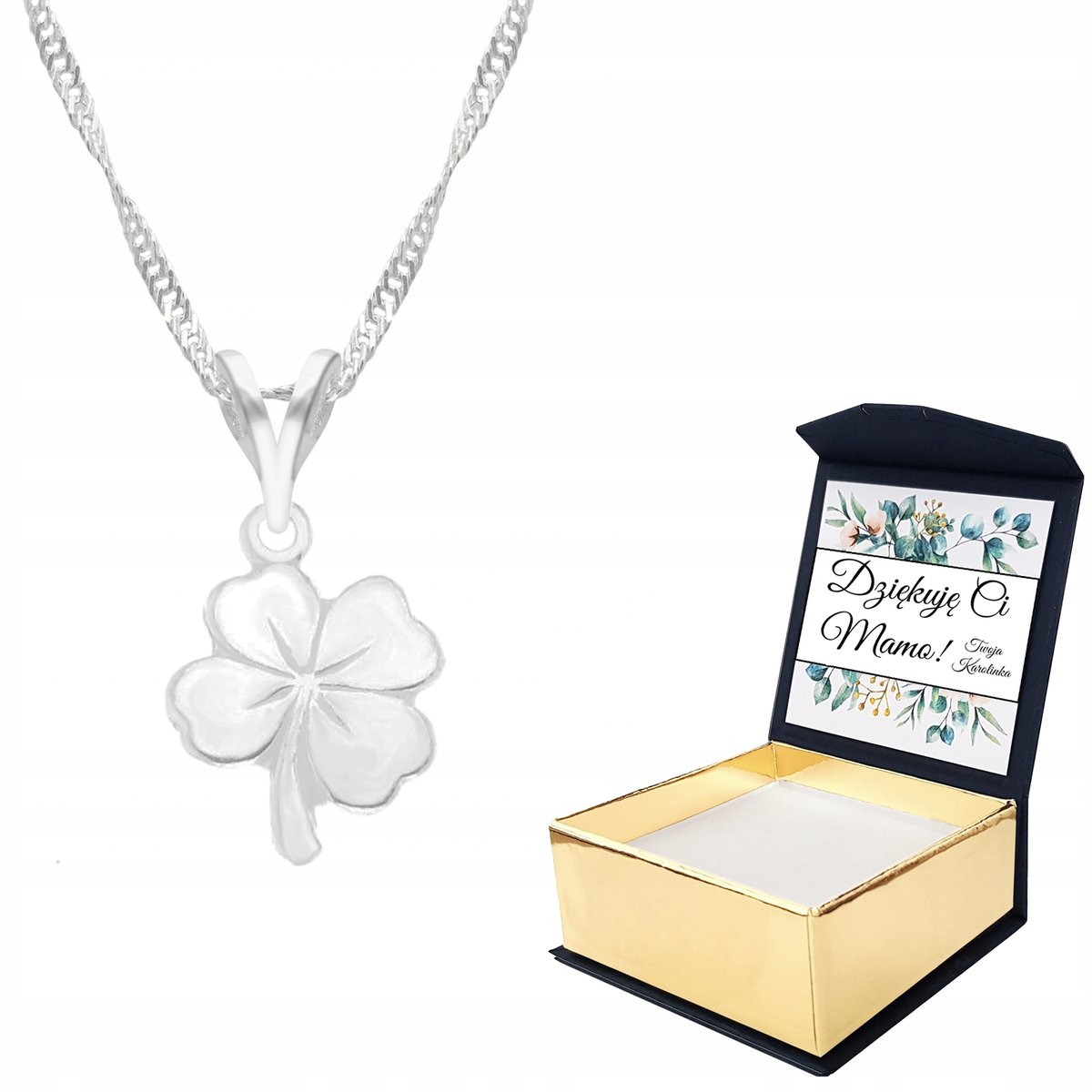 Naszyjnik srebrny Koniczyna Kwiat + WŁASNY NADRUK