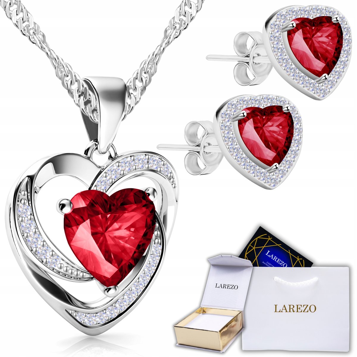 Zestaw Srebrny Naszyjnik Serce i Kolczyki 925 Czerwone Kryształowe Serca
