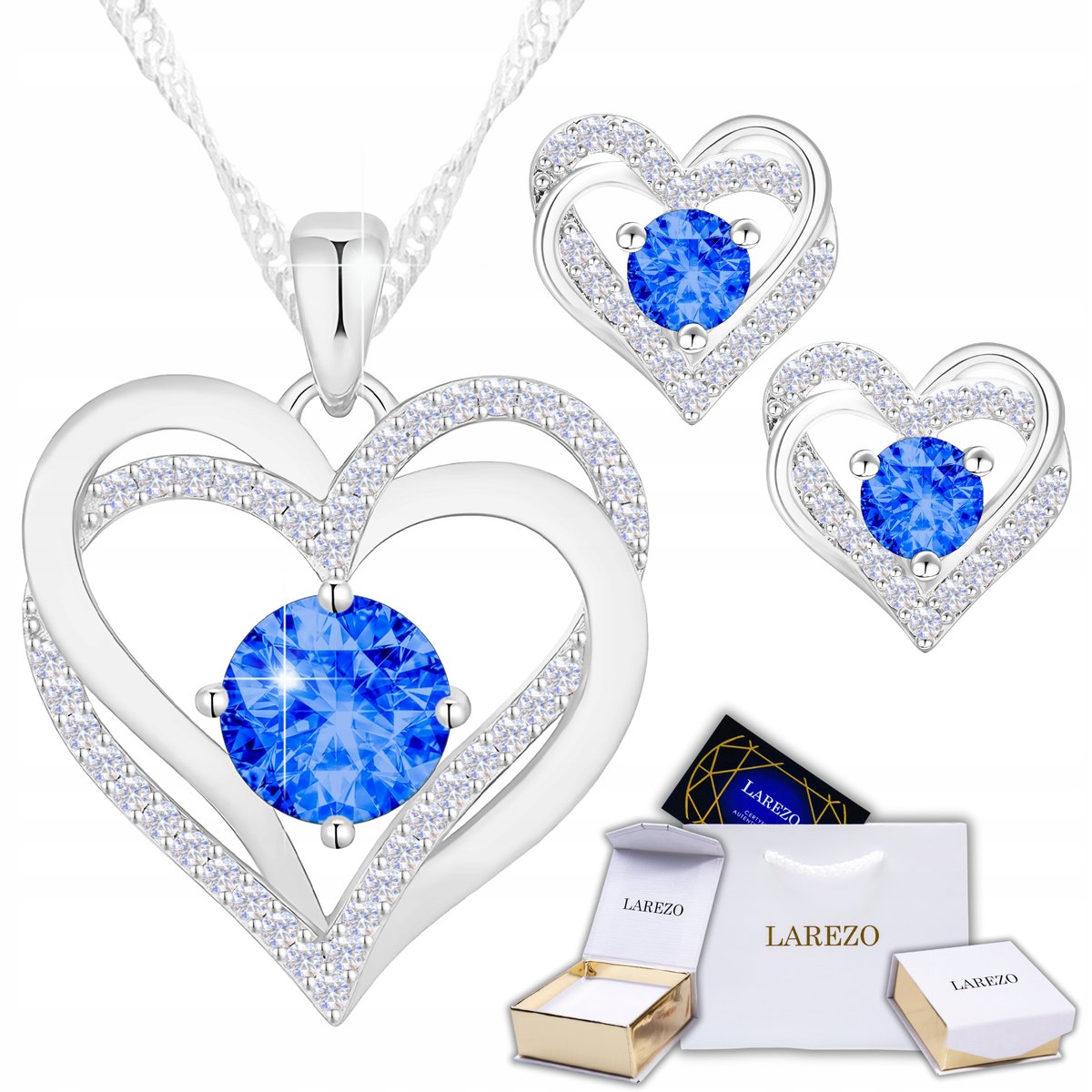 Zestaw Srebrny Naszyjnik i Kolczyki Srebrne 925 Serca z Niebieskim Oczkiem