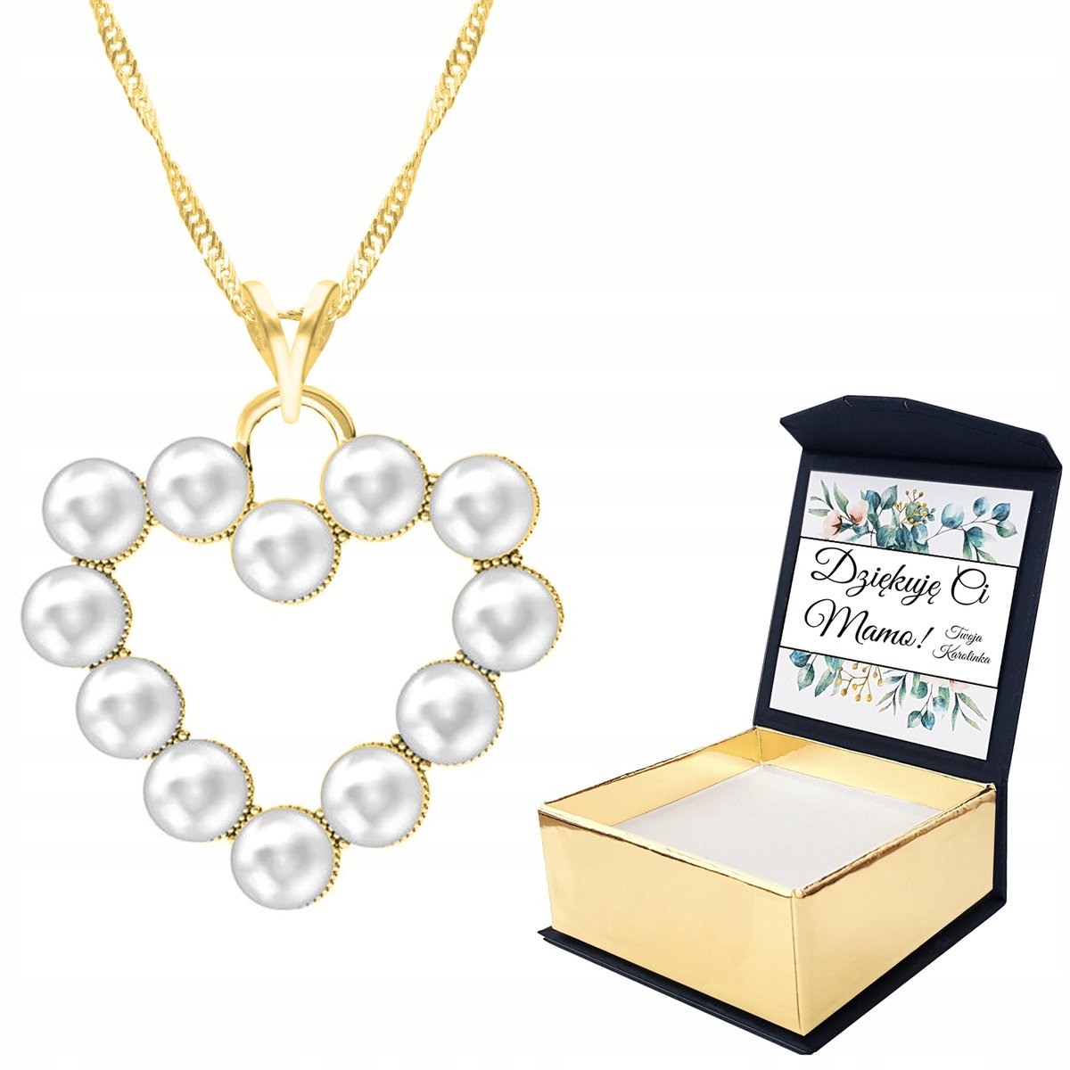 Naszyjnik złoty Serce z Perłami + WŁASNY NADRUK