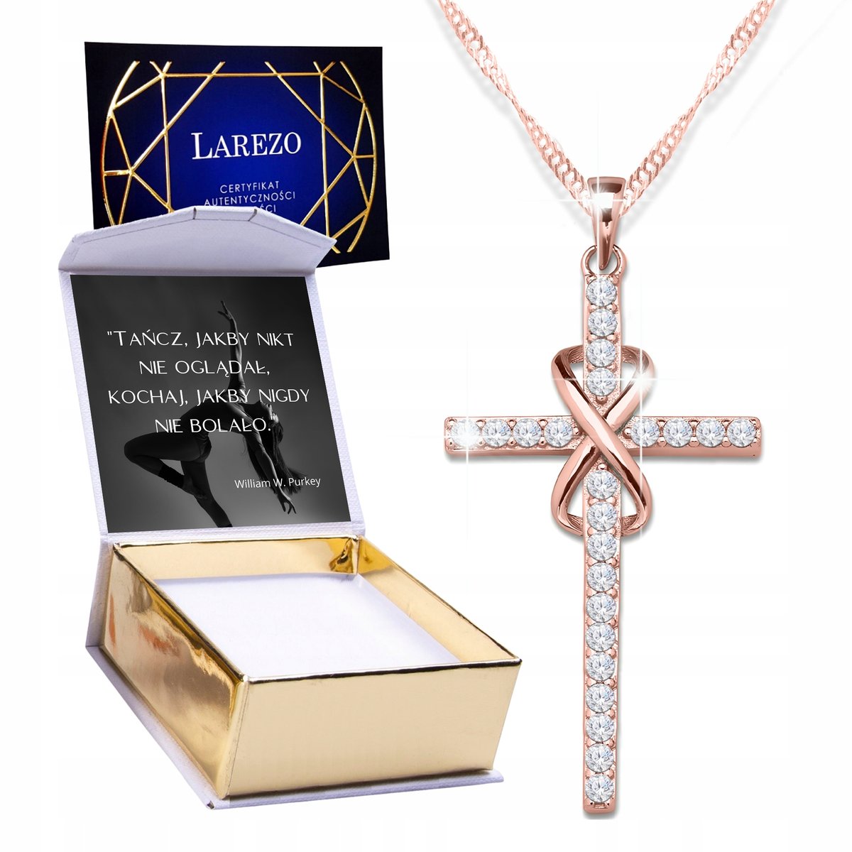 Różowy Naszyjnik Krzyż Krzyżyk z Cyrkoniami Krzyżem Nieskończoność + NADRUK