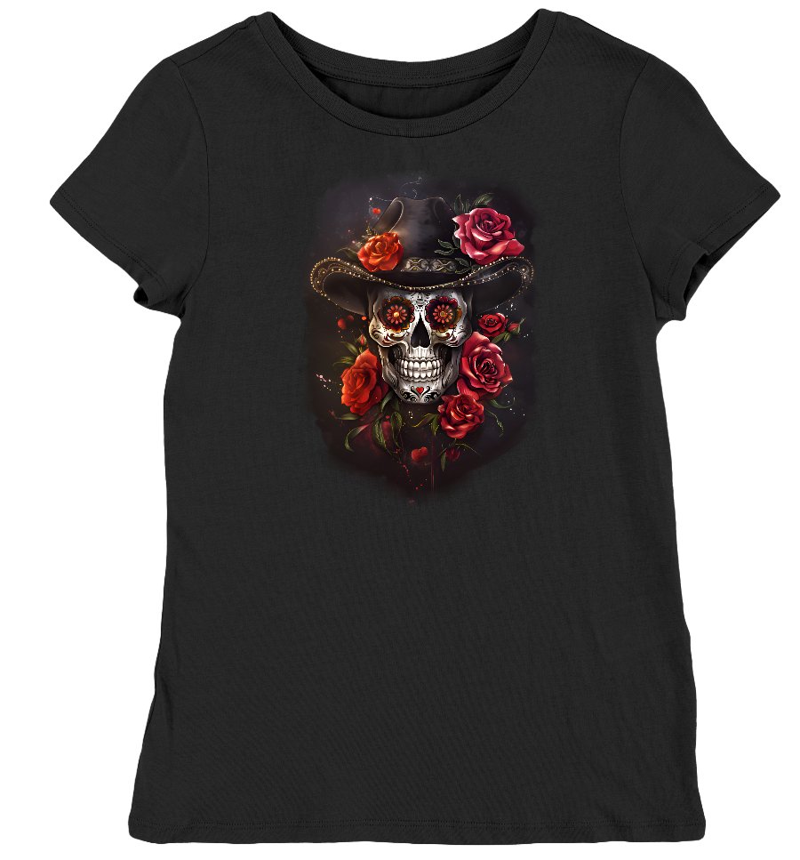 Koszulka damska czaszka kapelusz i kwiaty czarna M