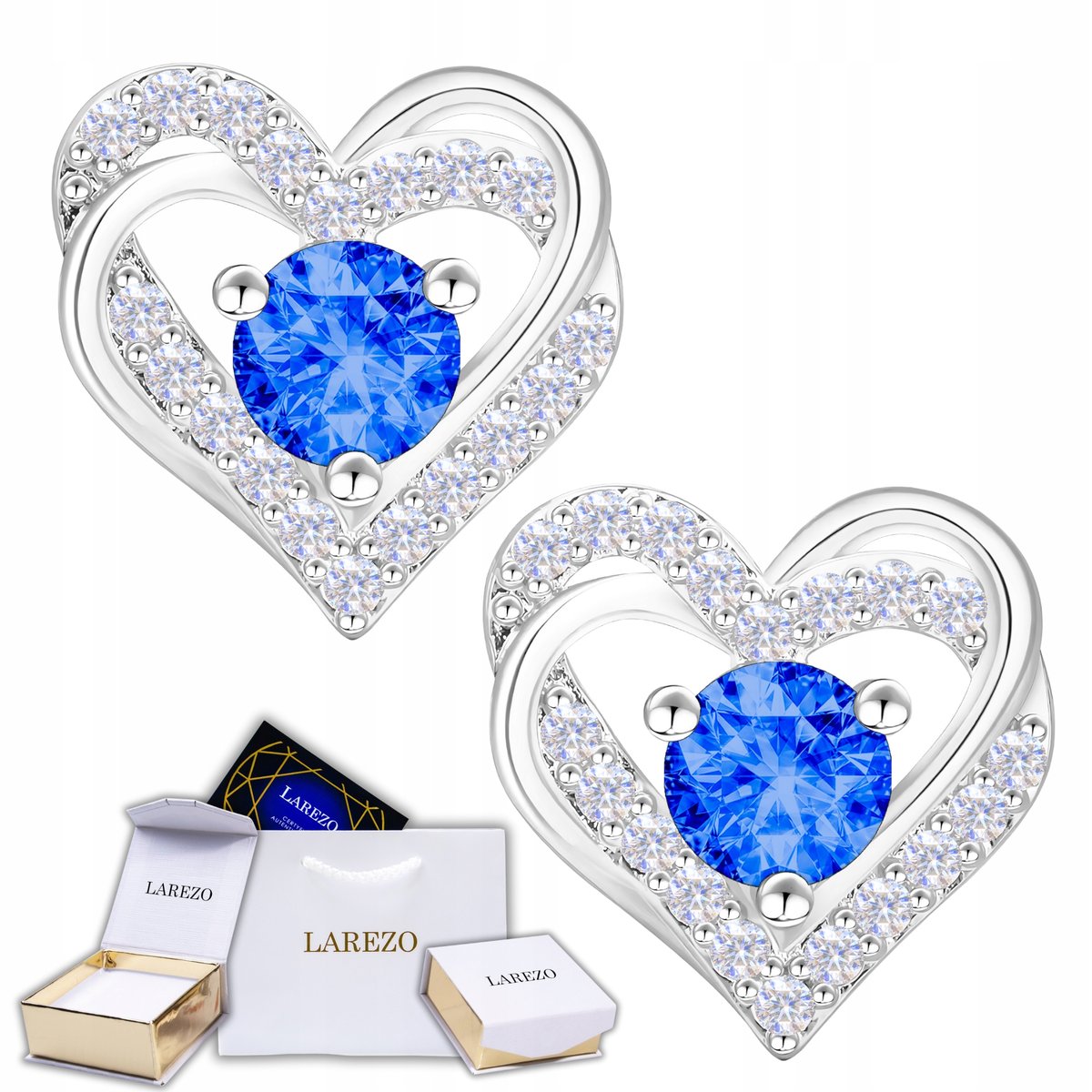Kolczyki Srebrne Lśniące Niebieskie Cyrkonie Serca z Cyrkoniami SREBRO 925