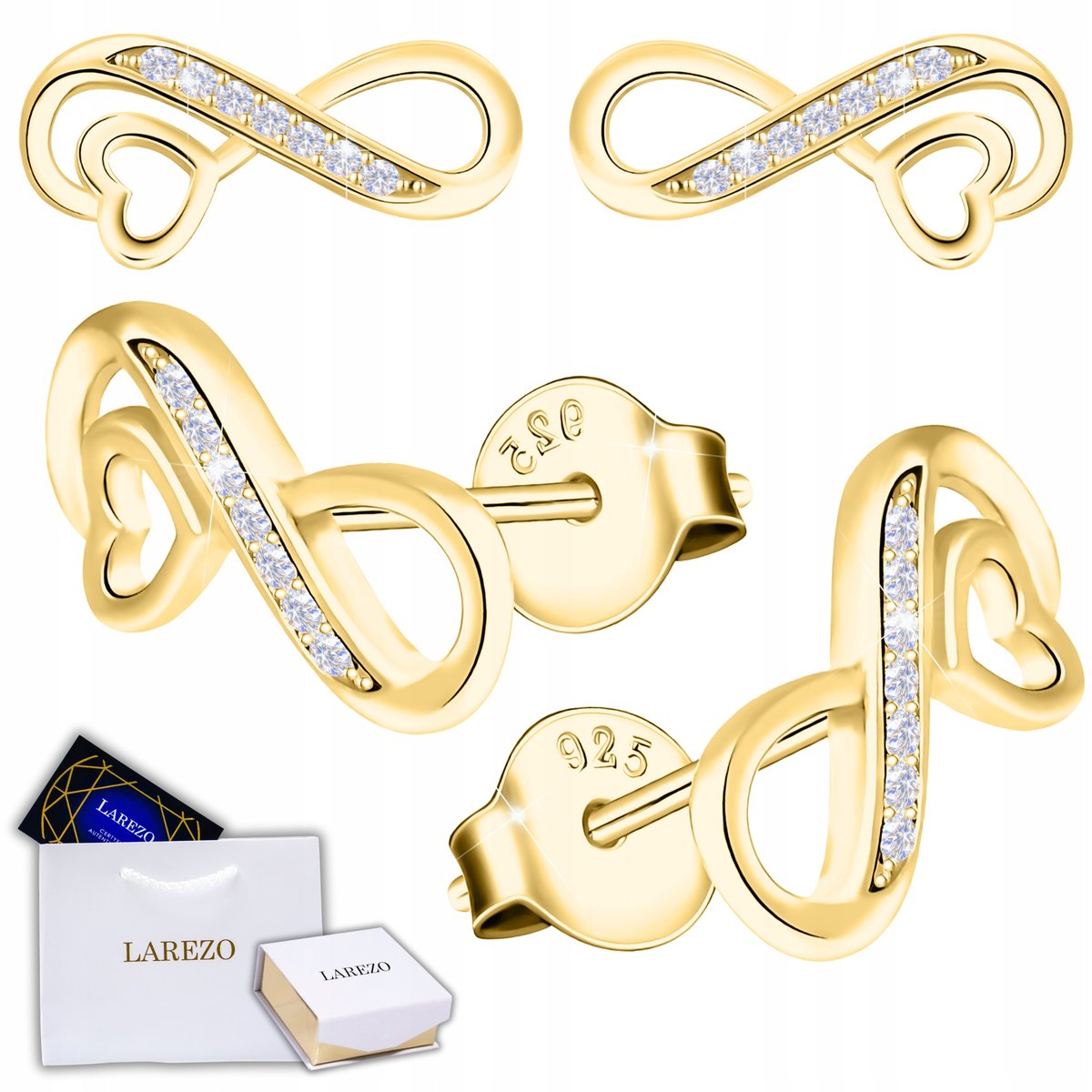 Złote Kolczyki Nieskończoność SREBRO Serce z Nieskończonością POZŁACANE 585