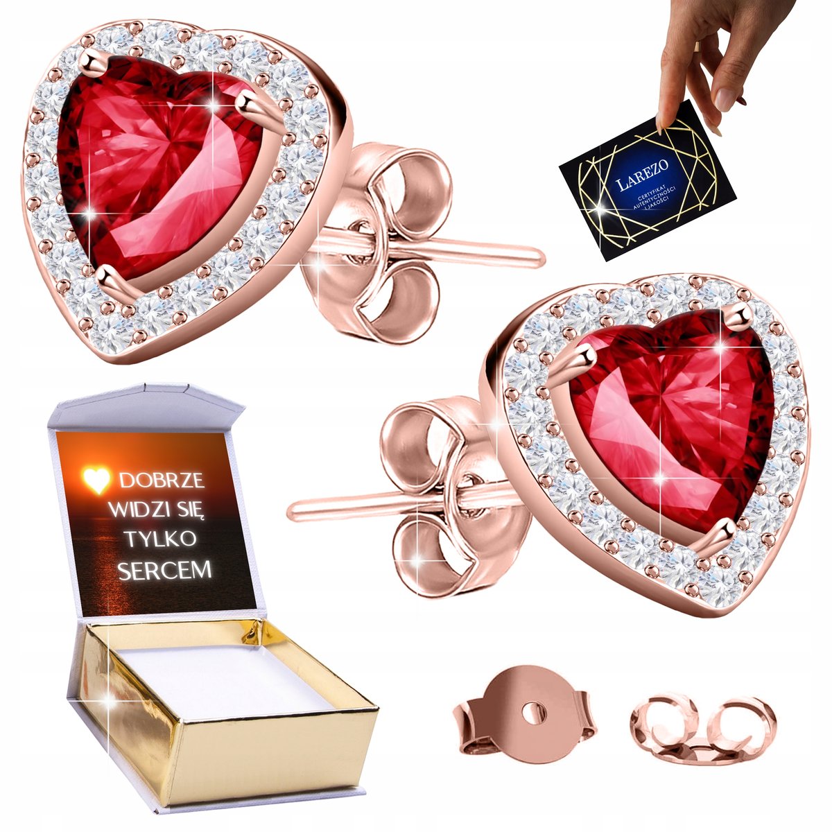 Różowe Kolczyki 925 na Sztyftach Czerwone Serca Kryształki Serduszka NADRUK