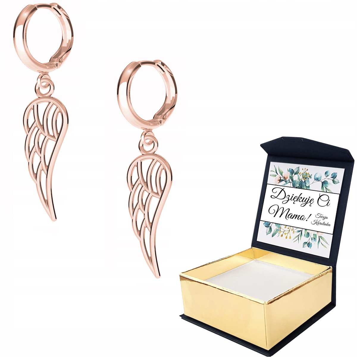 Kolczyki różowe złoto Skrzydło 925 + WŁASNY NADRUK