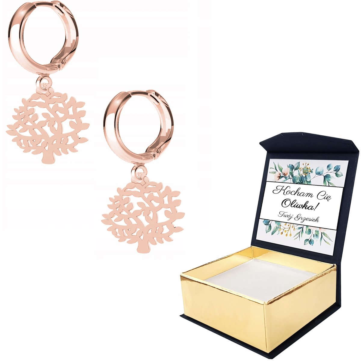 Kolczyki różowe złoto Drzewo Drzewko WŁASNY NADRUK