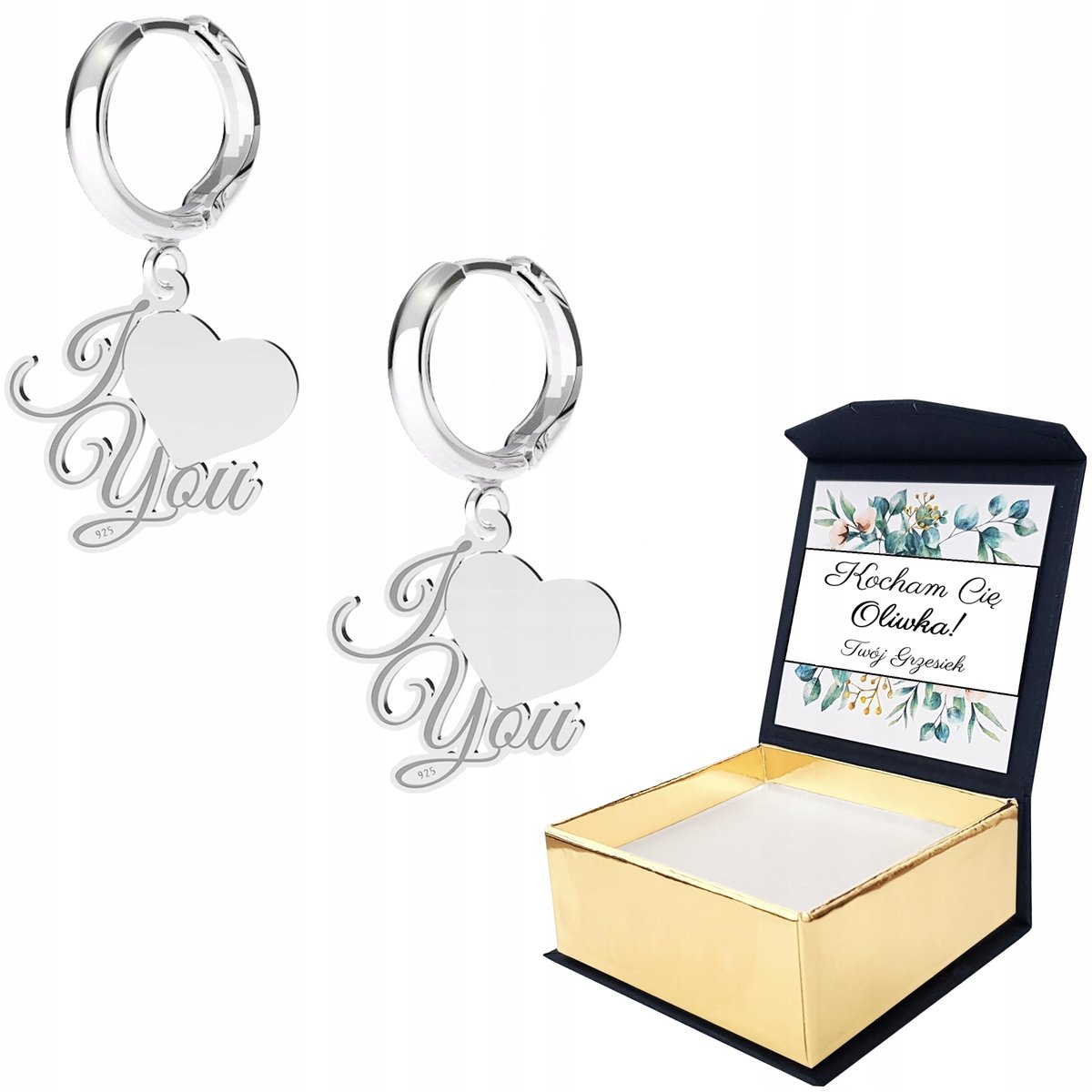 Kolczyki srebrne I Love You Serce WŁASNY NADRUK