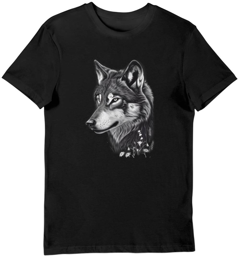 Koszulka z wilkiem i kwiatami czarna 3XL