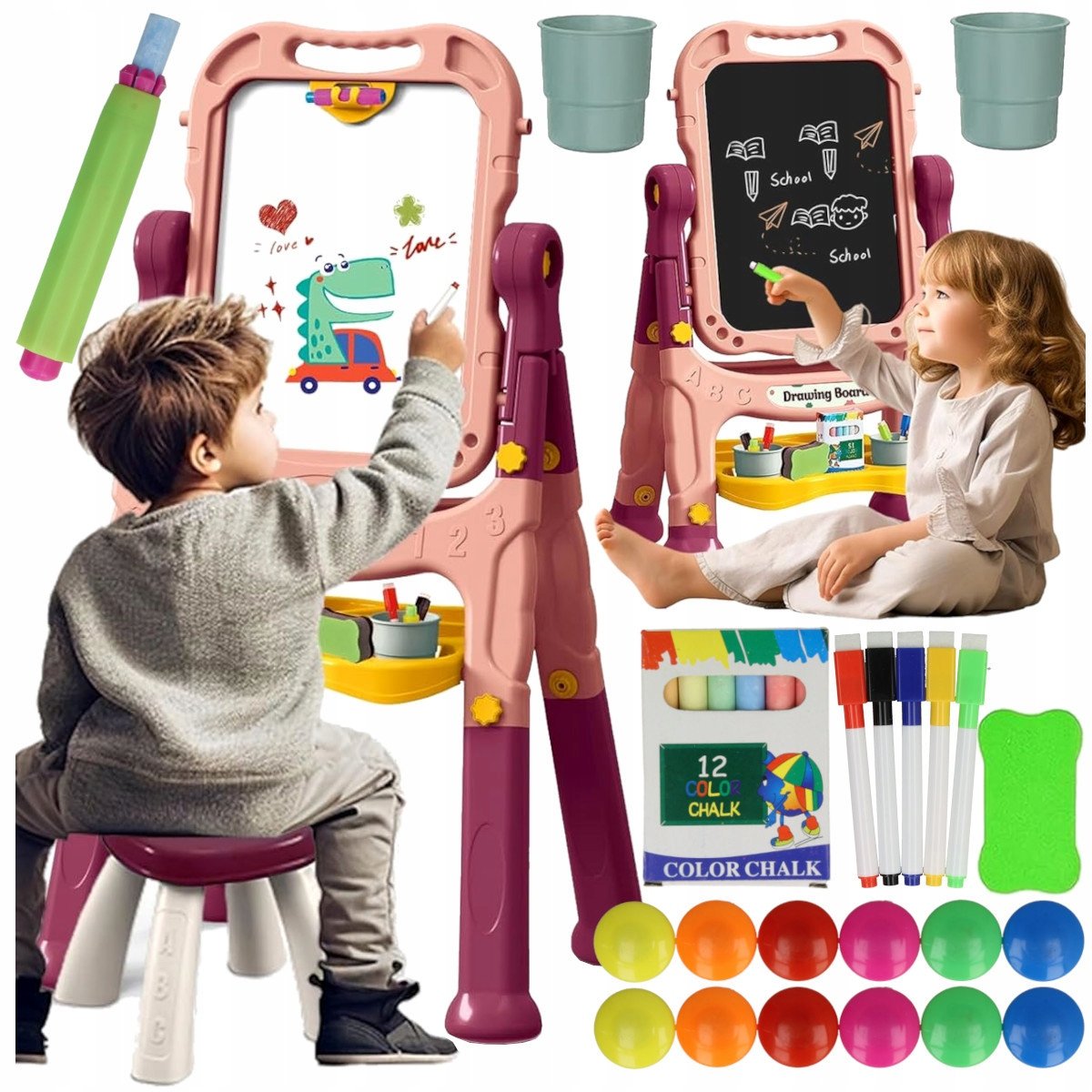 TABLICA EDUKACYJNA 2W1 MAGNETYCZNA KREDOWA STOJĄCA + AKCESORIA KREDY 110CM Z2108R