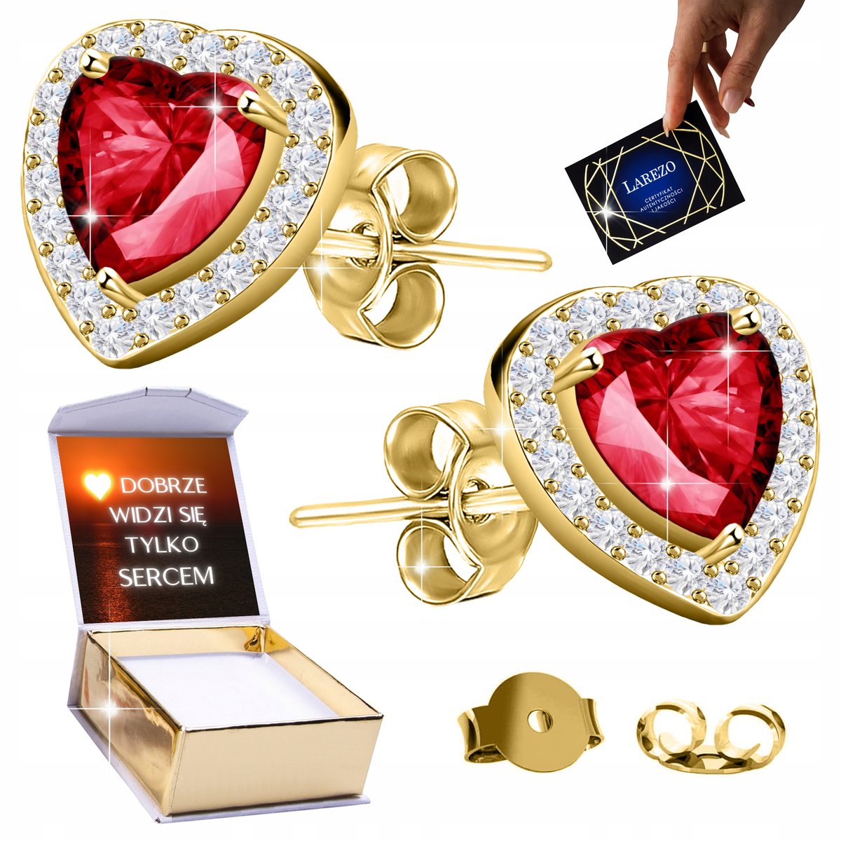 Złote Kolczyki 925 na Sztyftach Czerwone Serca Kryształki Serduszka NADRUK
