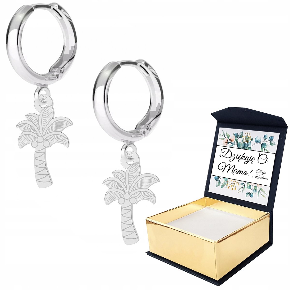 Srebrne Kolczyki z Palmami 925 Drzewa Palmy Drzewo Życia Tree WŁASNY NADRUK