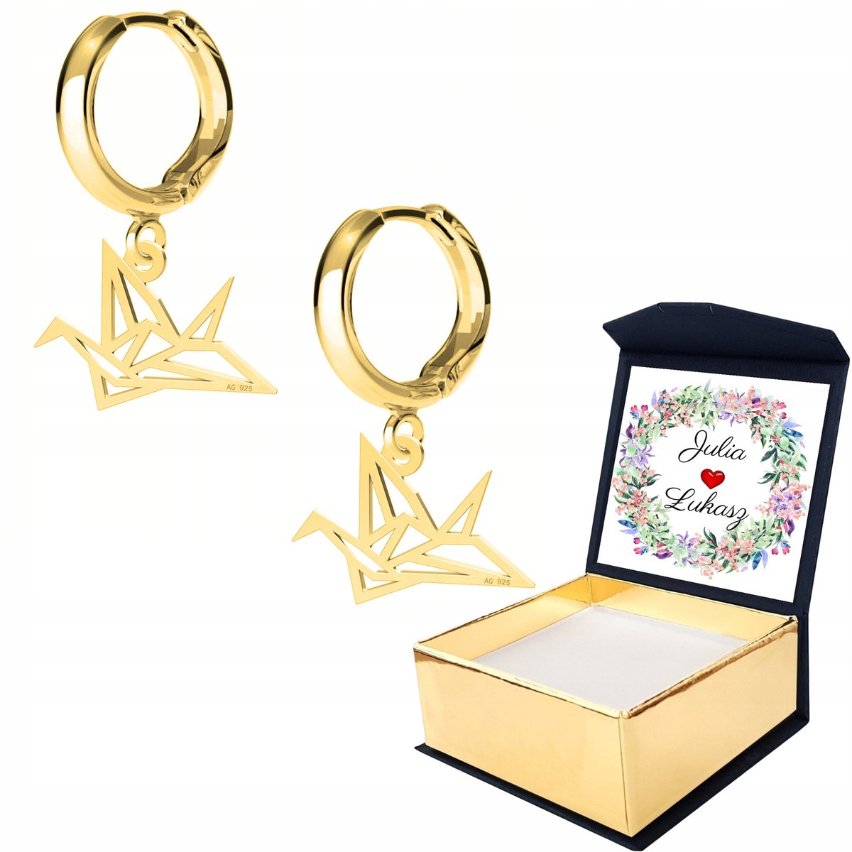 Kolczyki złote Ptak Origami Zwierzę WŁASNY NADRUK