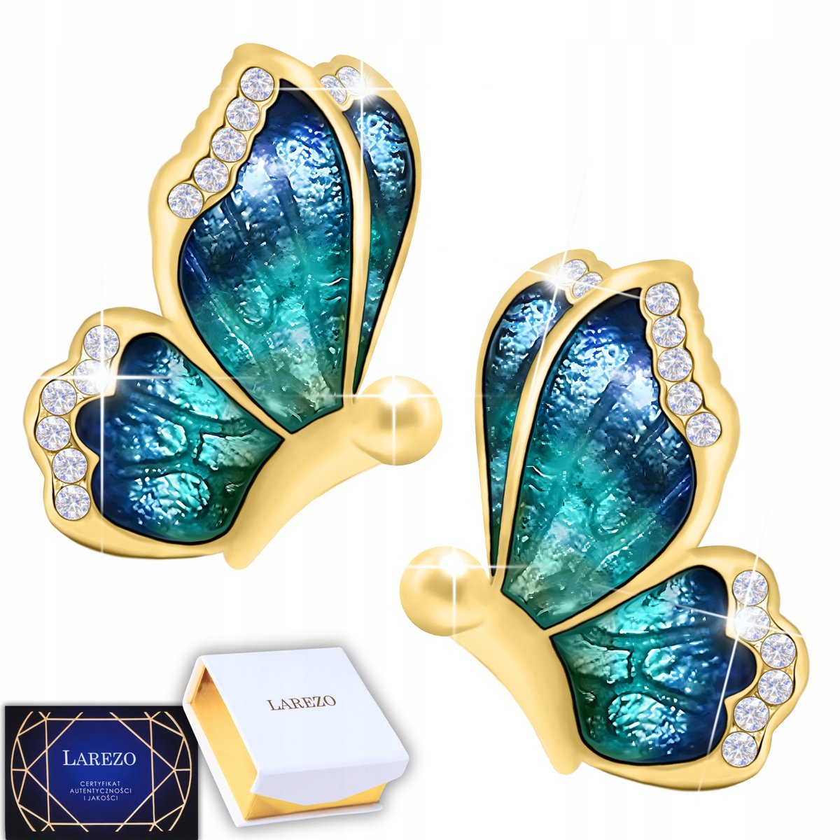 Złote Kolczyki Motyle 925 Niebieskie Skrzydła Motyla Pozłacane Złotem 585