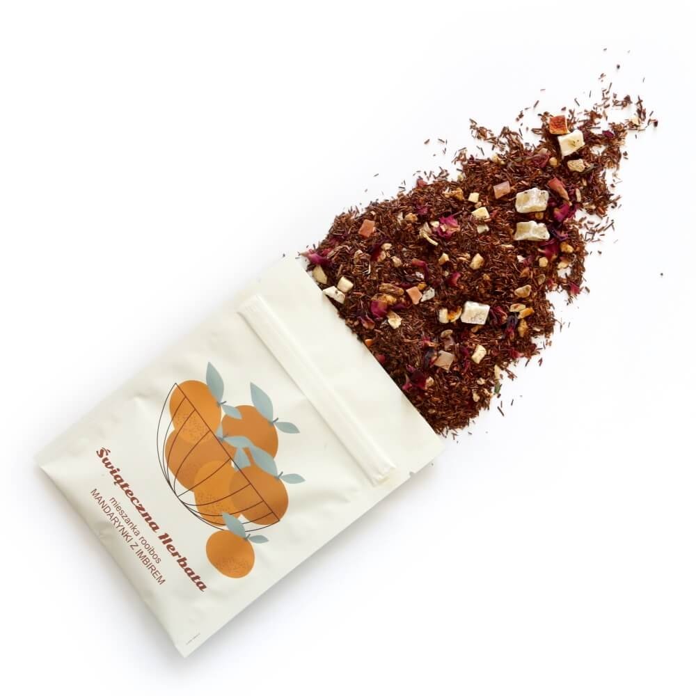 Świąteczna herbata MANDARYNKI Z IMBIREM 30g. Rooibos o smaku mandarynek z rozgrzewającym imbirem - doskonały pomysł na prezent świąteczny pod choink..