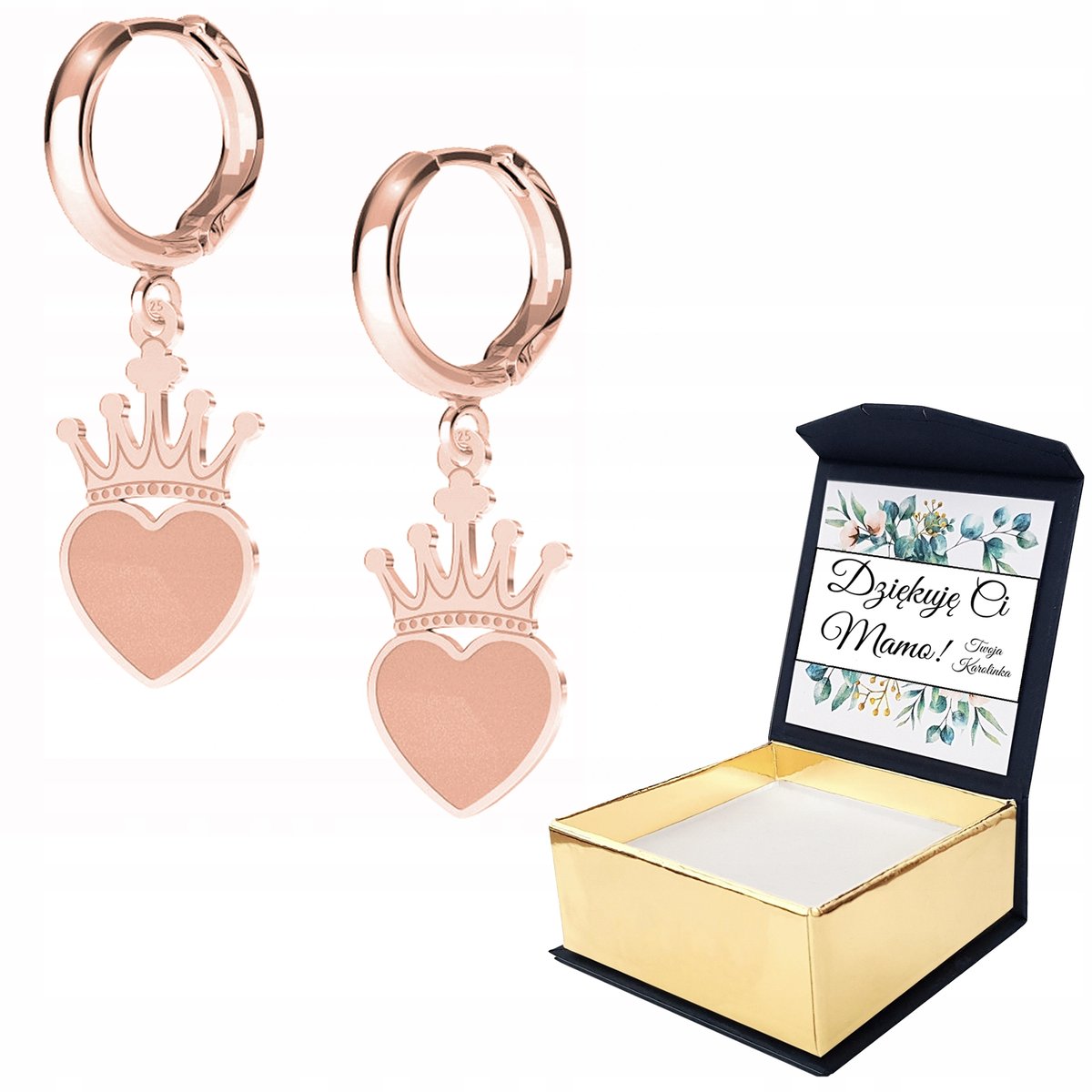 Kolczyki różowe złoto Korona Serce + WŁASNY NADRUK