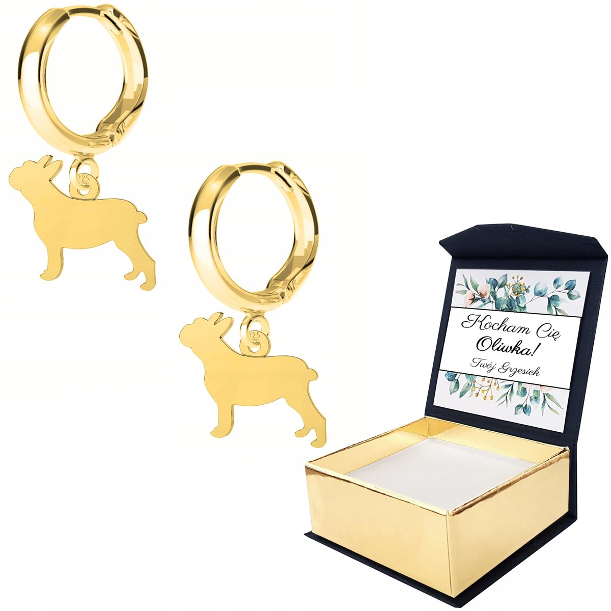 Kolczyki złote Buldog Pies 925 WŁASNY NADRUK