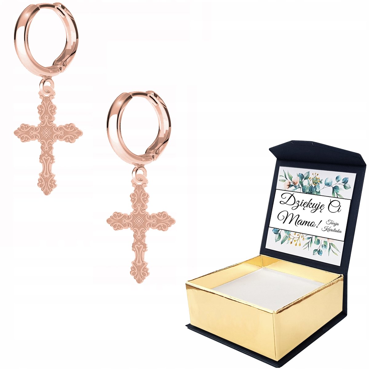 Kolczyki różowe złoto Krzyż Krzyżyk WŁASNY NADRUK