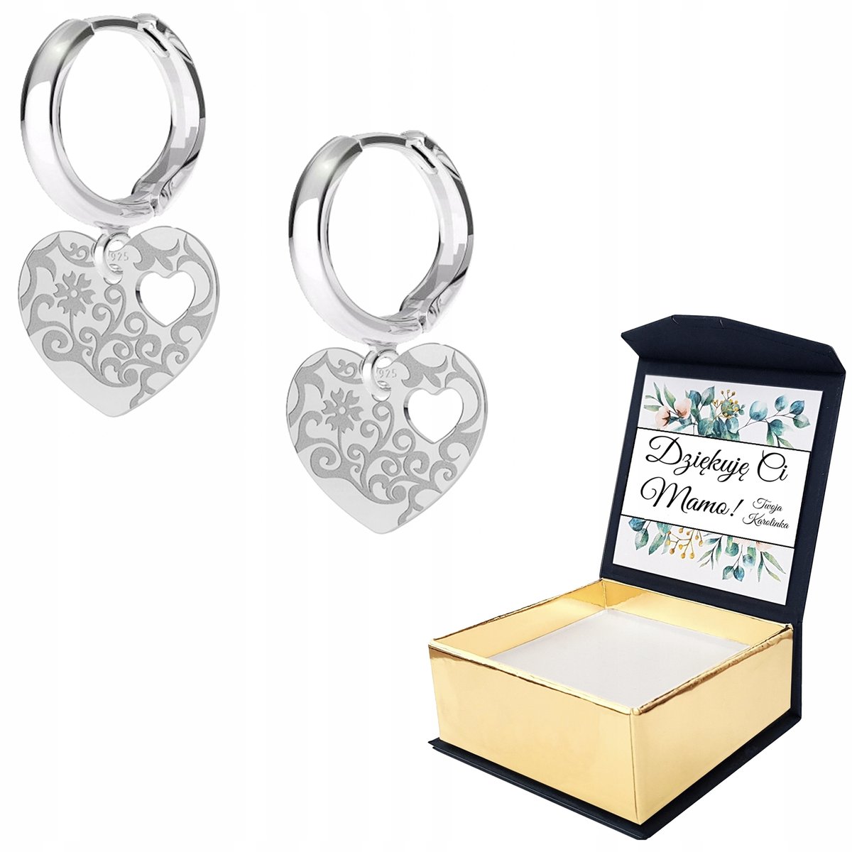 Kolczyki srebrne Serce Serduszko 925 WŁASNY NADRUK