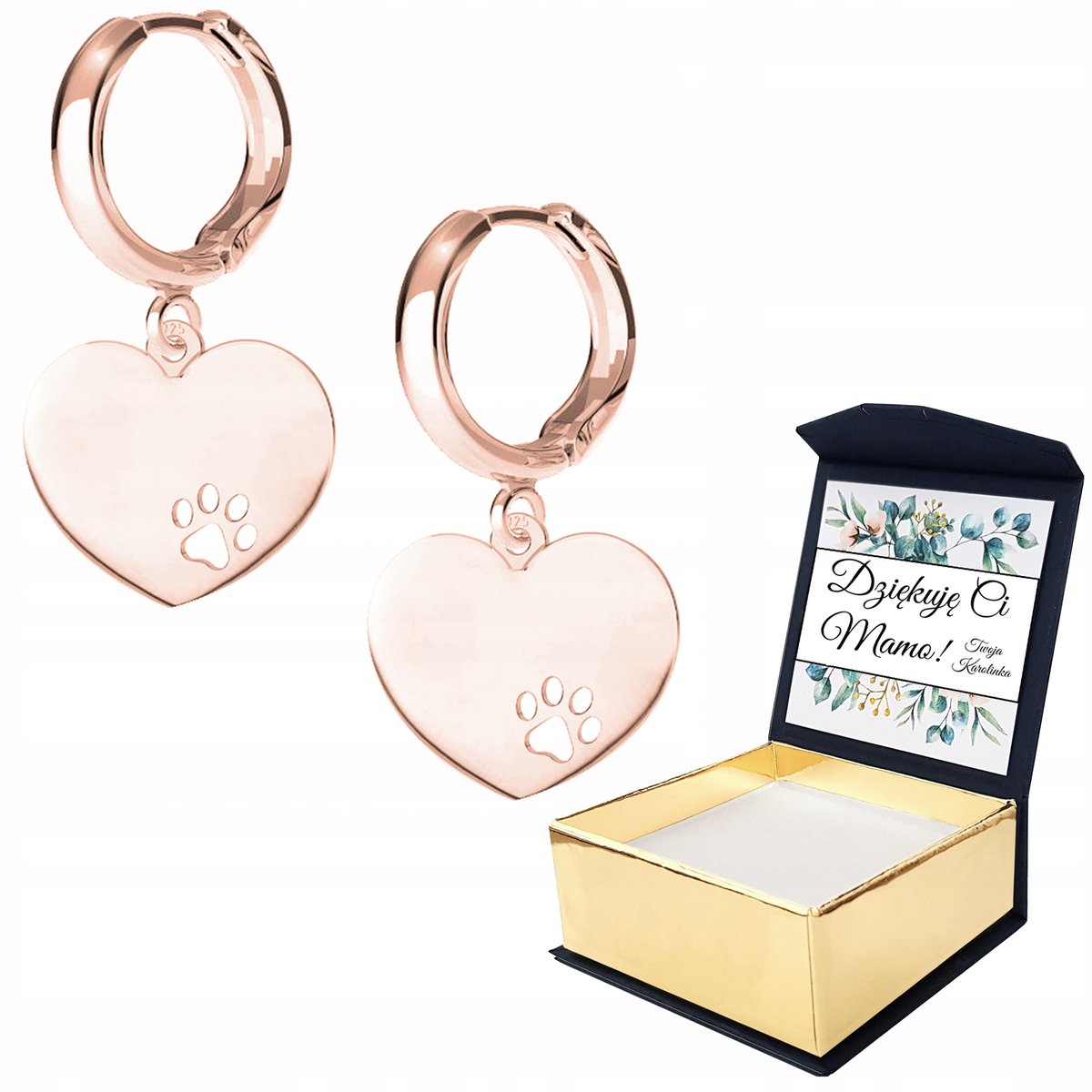 Kolczyki różowe złoto serce łapa + WŁASNY NADRUK