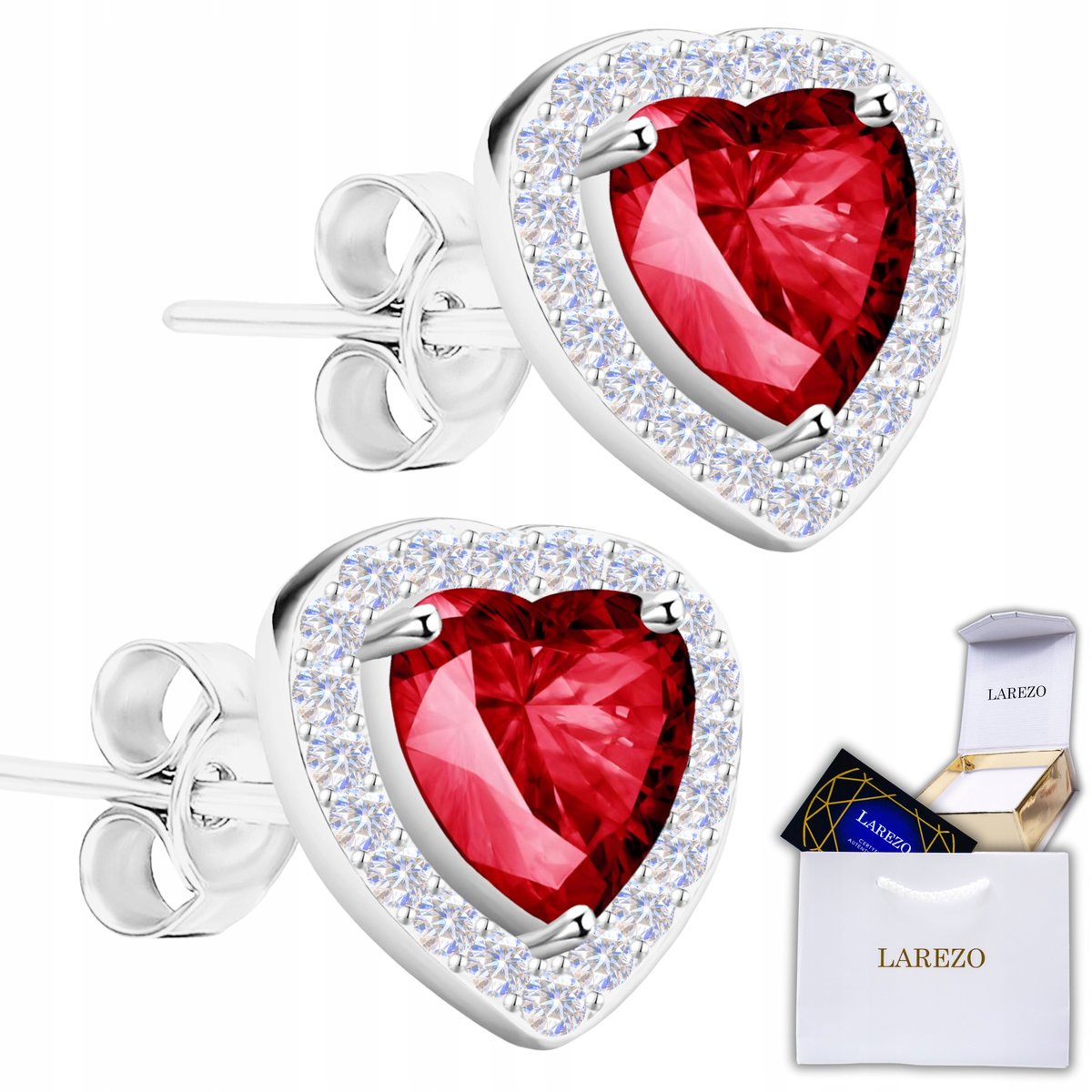 Kolczyki Srebrne z Czerwonym Sercem Czerwone Kryształy Cyrkonie SREBRO 925