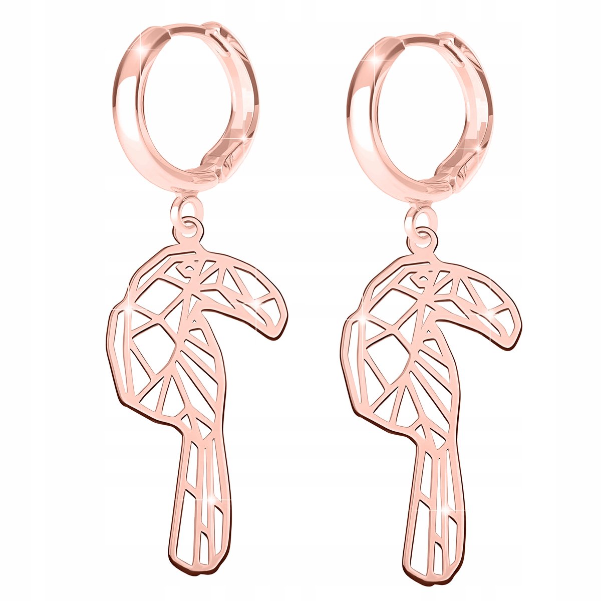 Kolczyki Różowe 925 Rajski Ptak Ażurowe Blaszki Origami Tukan Długie Ptaki