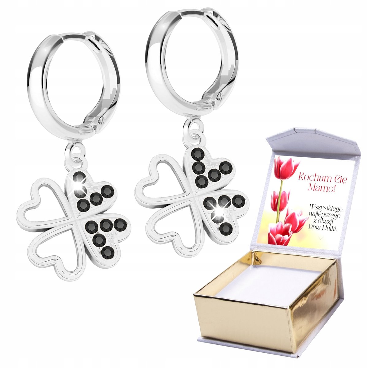 Kolczyki Srebrne 925 Czterolistne Koniczynka Czarne Cyrkonie Kwiat NADRUK