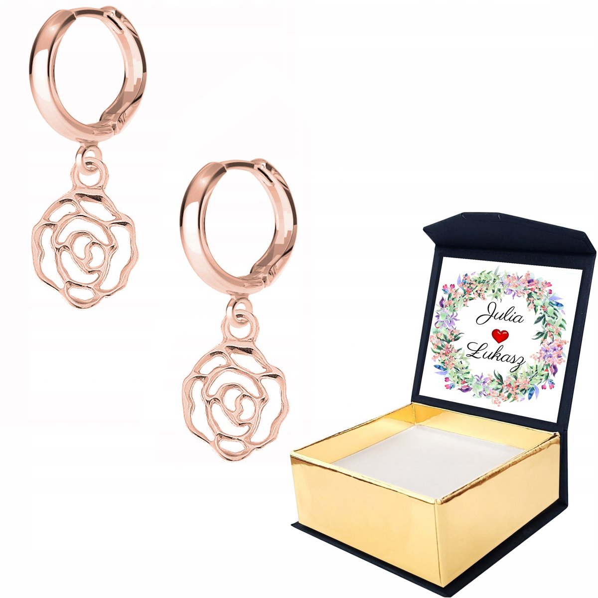 Kolczyki różowe złoto Kwiat Róża 925 WŁASNY NADRUK