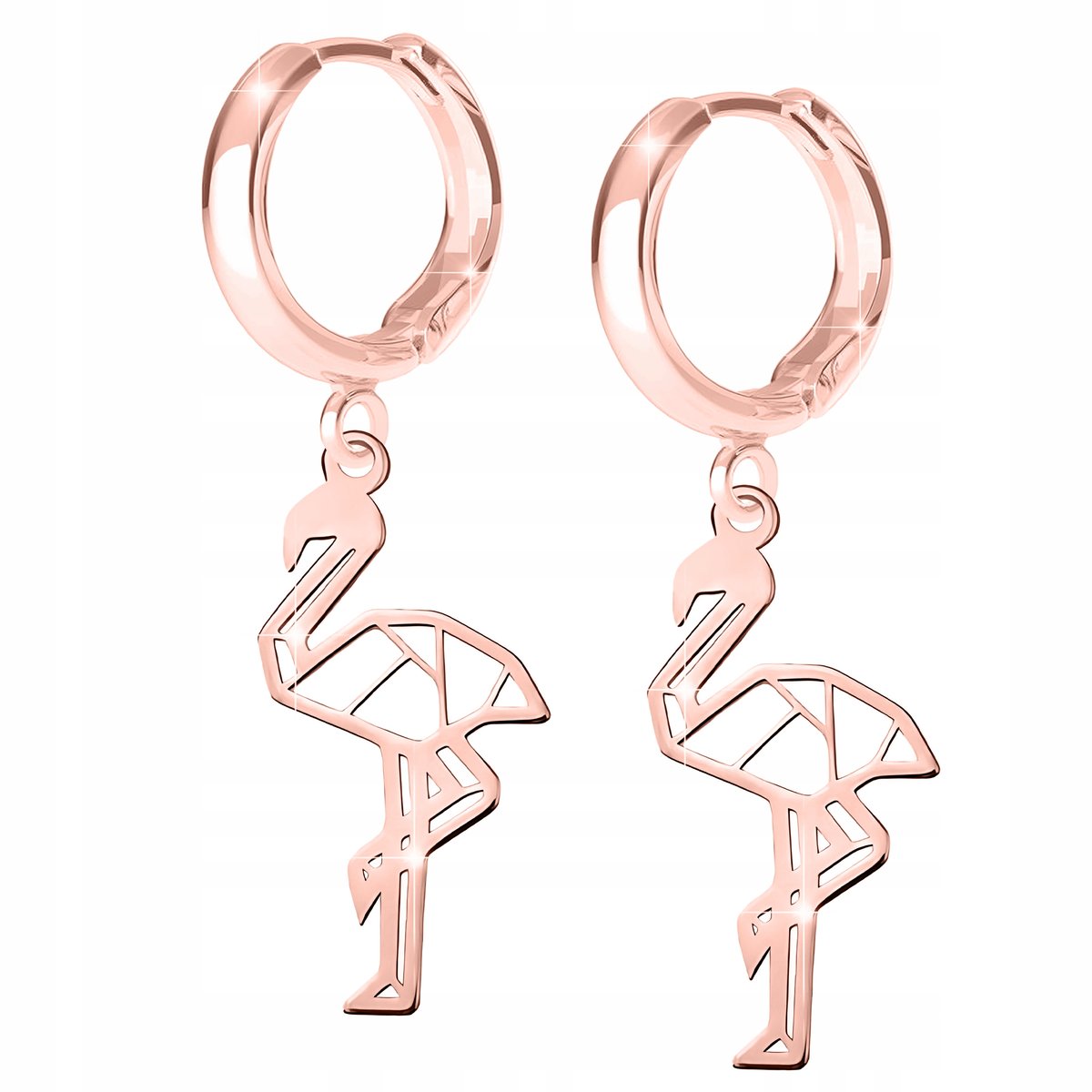 Kolczyki Różowe 925 Ażurowe Blaszki w Flamingi Origami Łabędź Flaming 18K