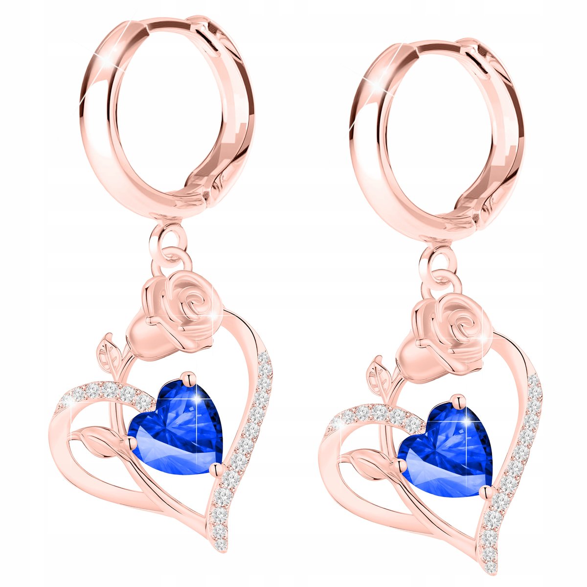 RÓŻÓWE KOLCZYKI 925 RÓŻE SZAFIROWE SERCA SERDUSZKA Z KWIATAMI I CYRKONIAMI
