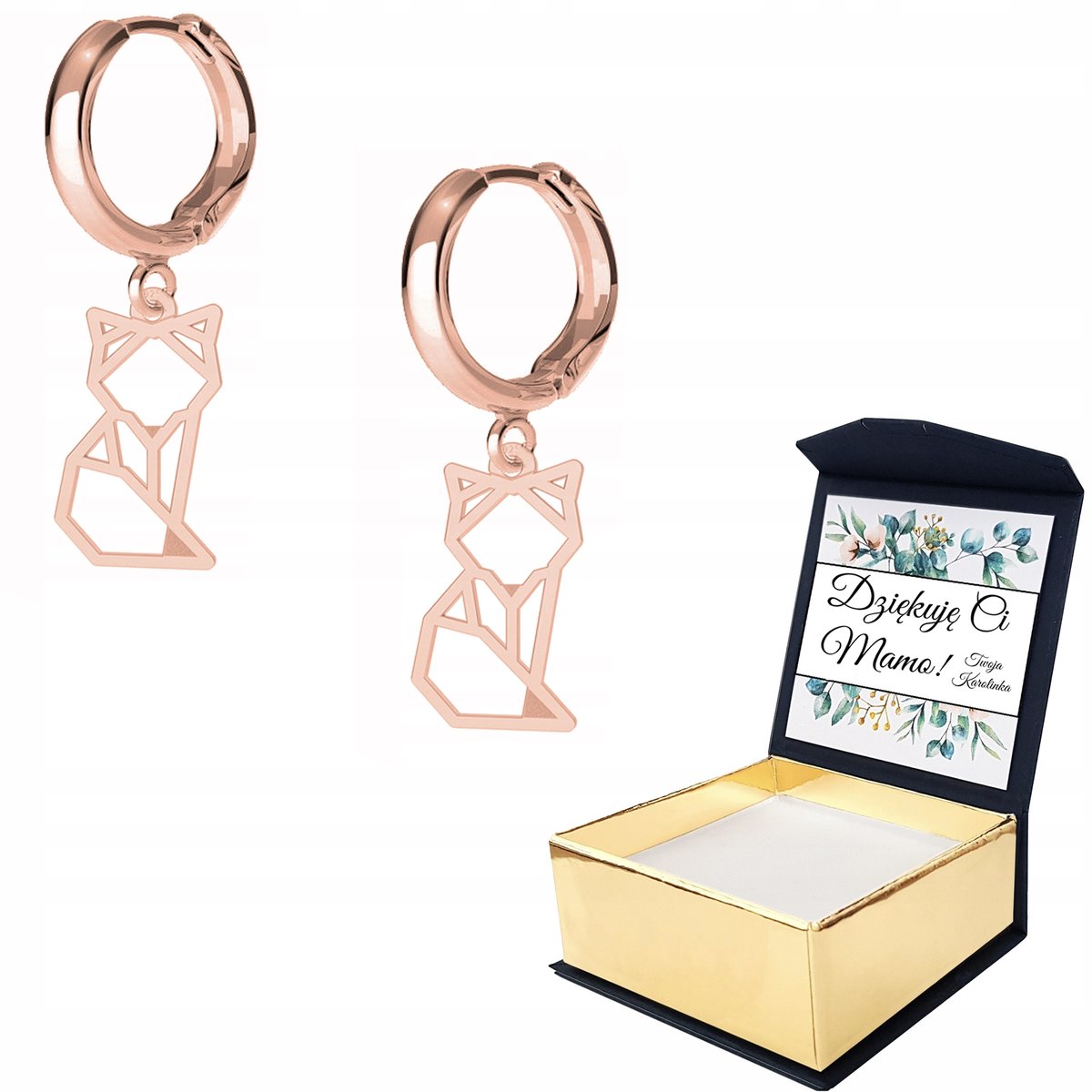 Kolczyki różowe złoto Kotek Kot + WŁASNY NADRUK