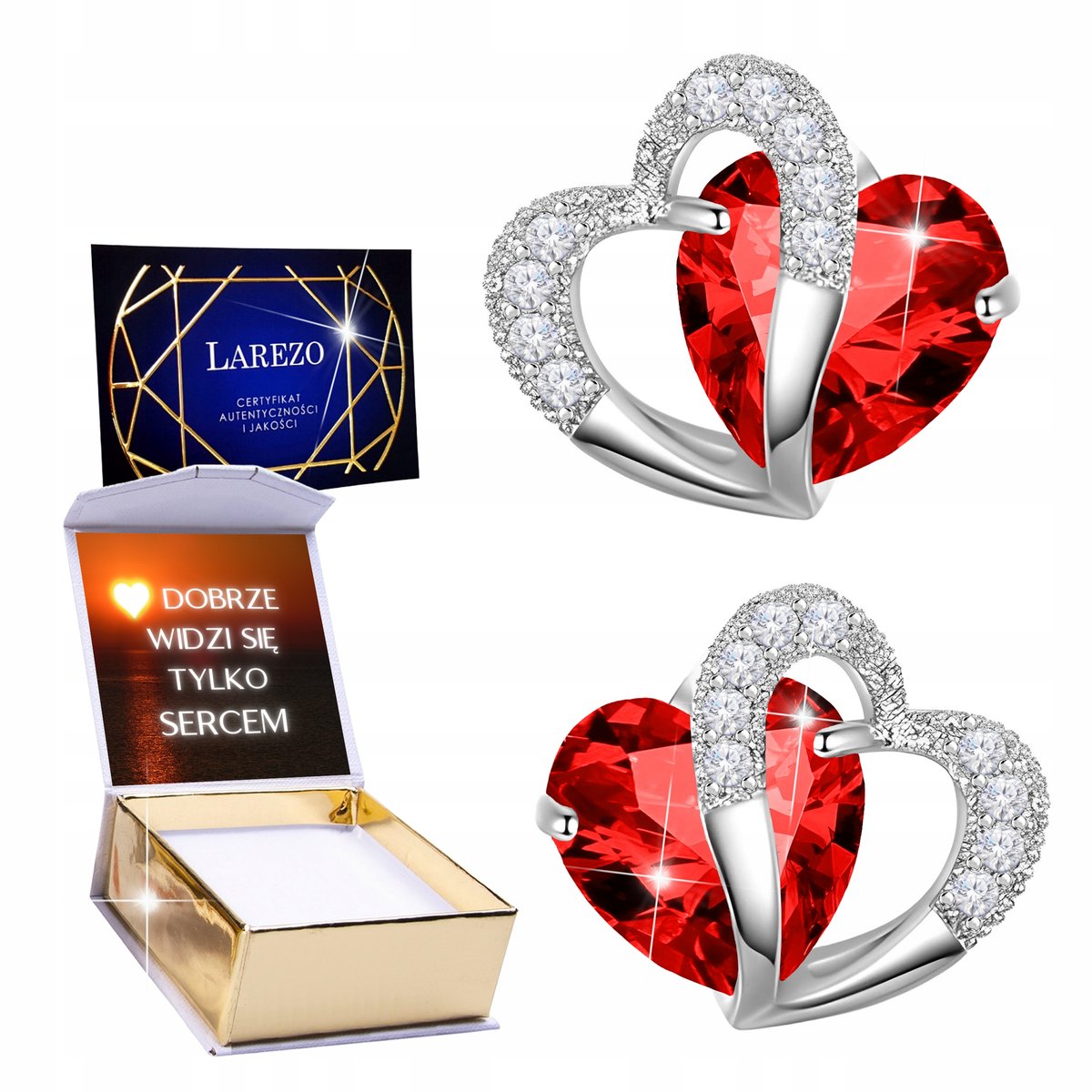 Kolczyki Srebrne 925 Czerwone Kryształowe Serca Cyrkonie Serduszko + NADRUK