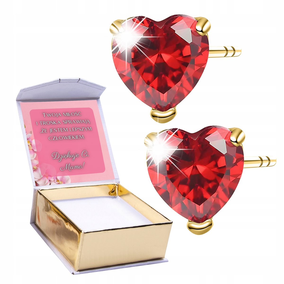 Złote Kolczyki 925 na Sztyfcie Czerwone Kryształowe Serca Kryształki NADRUK