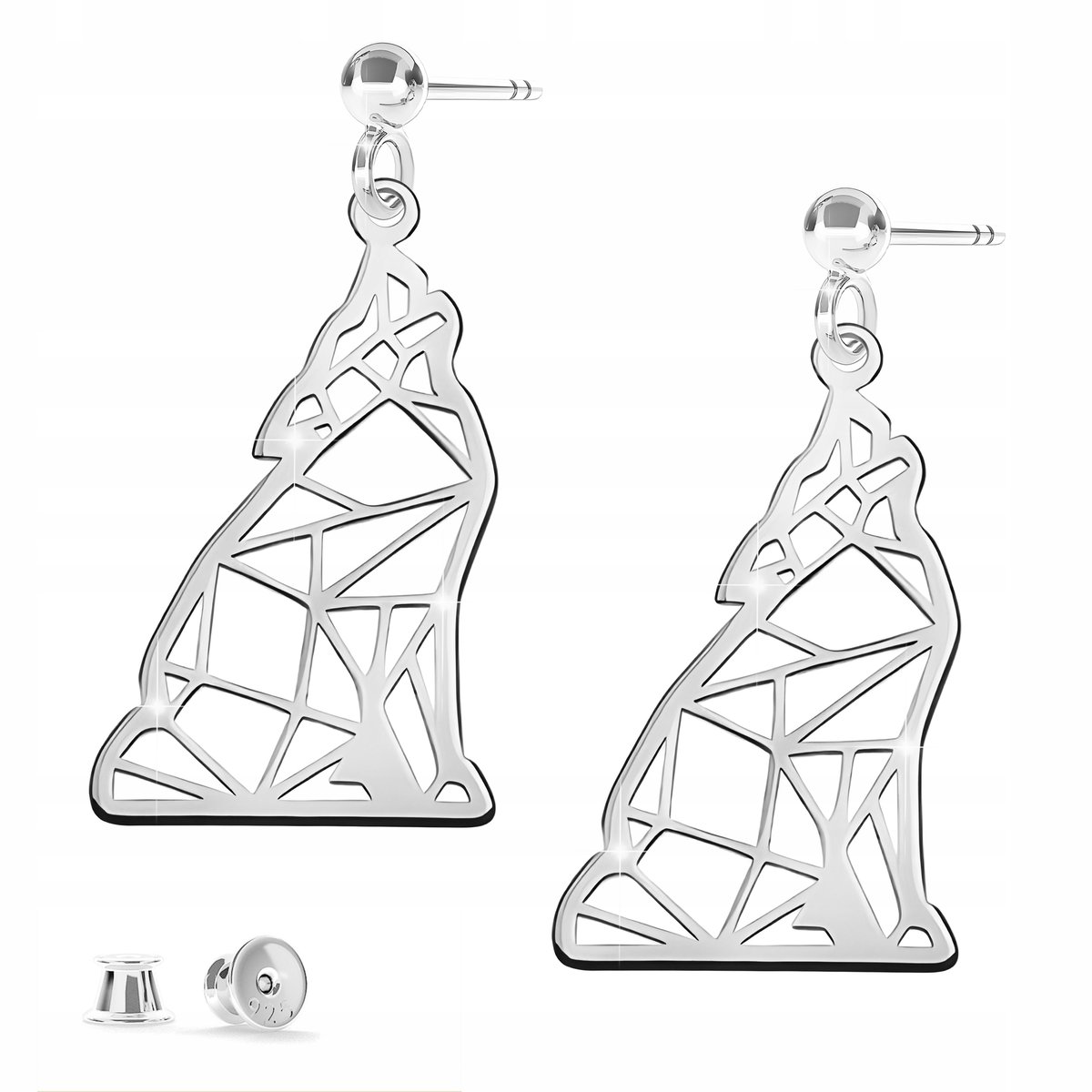 Kolczyki Srebrne Wkrętki 925 Długie z Wilkiem Blaszka Origami Pies Wilk