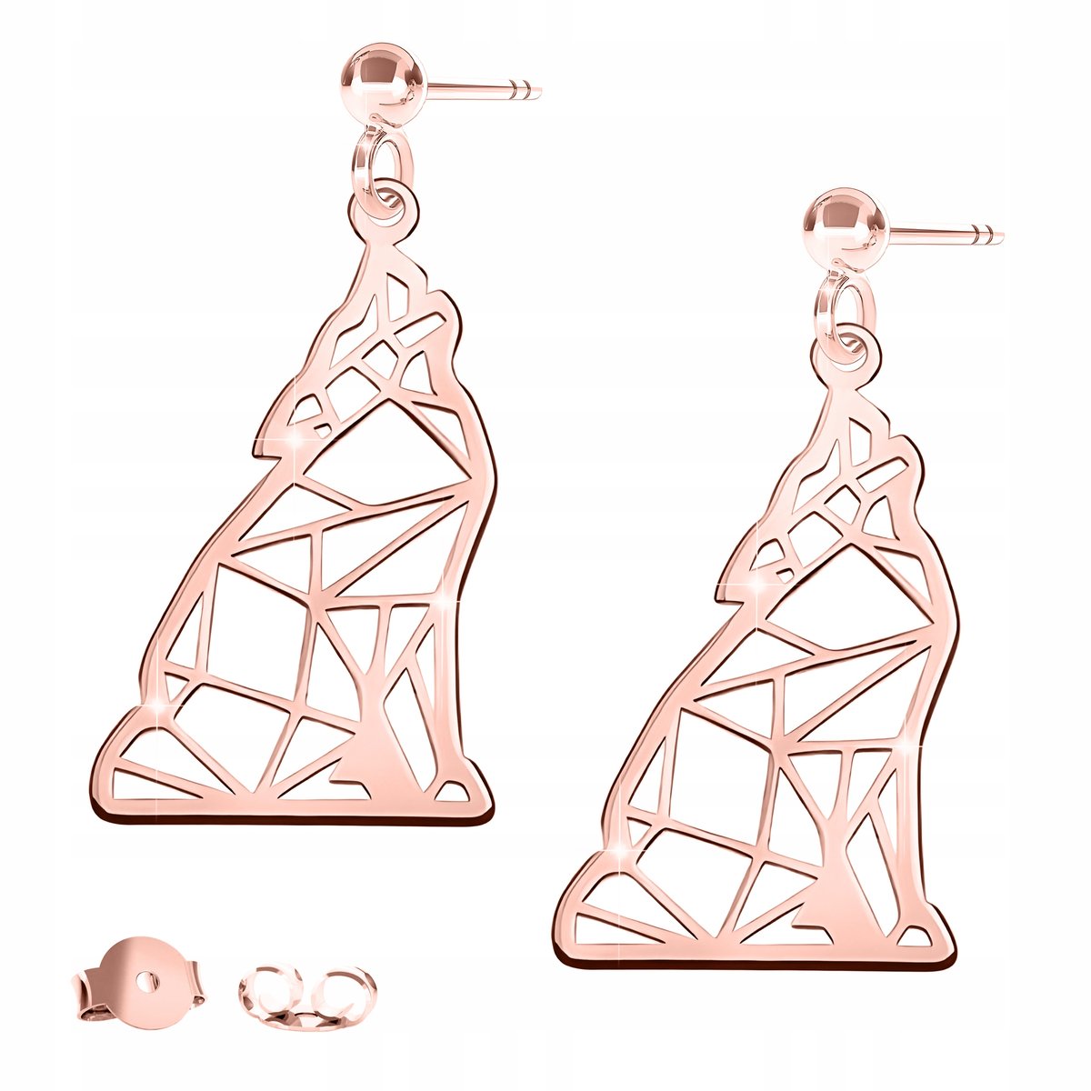 Kolczyki Różowe Wkrętki 925 Długie z Wilkiem Blaszka Origami Pies Wilk 18K