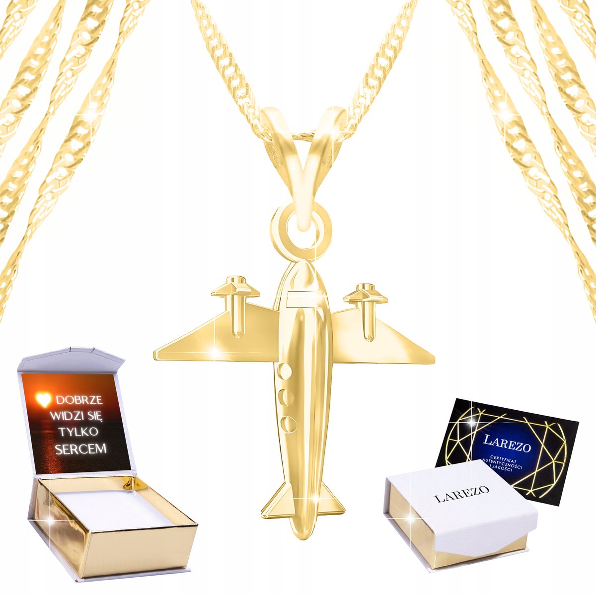 Złoty Naszyjnik 925 z Samolotem Wiszący Duży Samolot Samolocik 24K + NADRUK