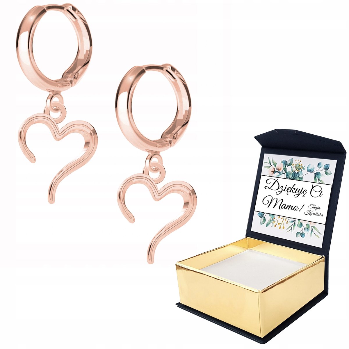 Kolczyki różowe złoto Serce Serca + WŁASNY NADRUK
